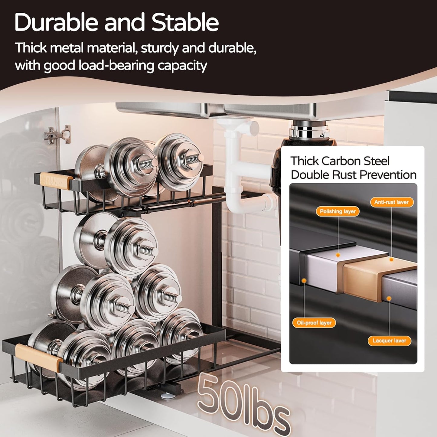ADBIU Under Sink Organizer 2 Pack, 2 Tier Pull Out Cabinet Organizer with Expandable Height (13.2"-17.2"), Slide Out Metal Storage Shelves for Kitchen, Bathroom, Pantry and Under Cabinet