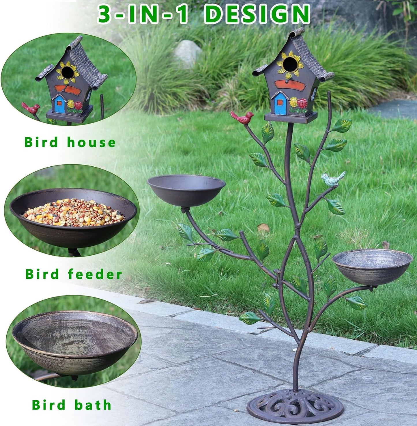 Metal Bird Houses for Outside, Bird Feeder and Bird Bath,3-in-1,Freestanding with Cast Iron Base, Outdoor Garden & Courtyard Decoration
