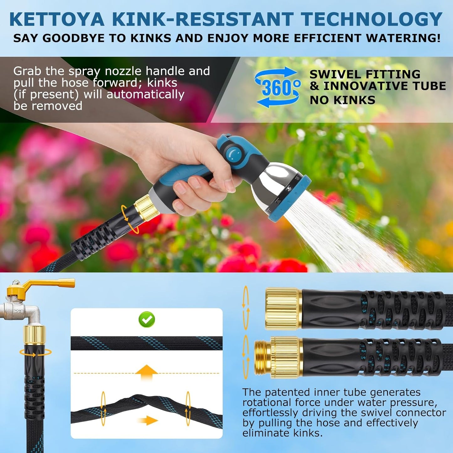 Non-Expanding Garden Hose 100 ft, Kink Free Flexible Water Hose with 1