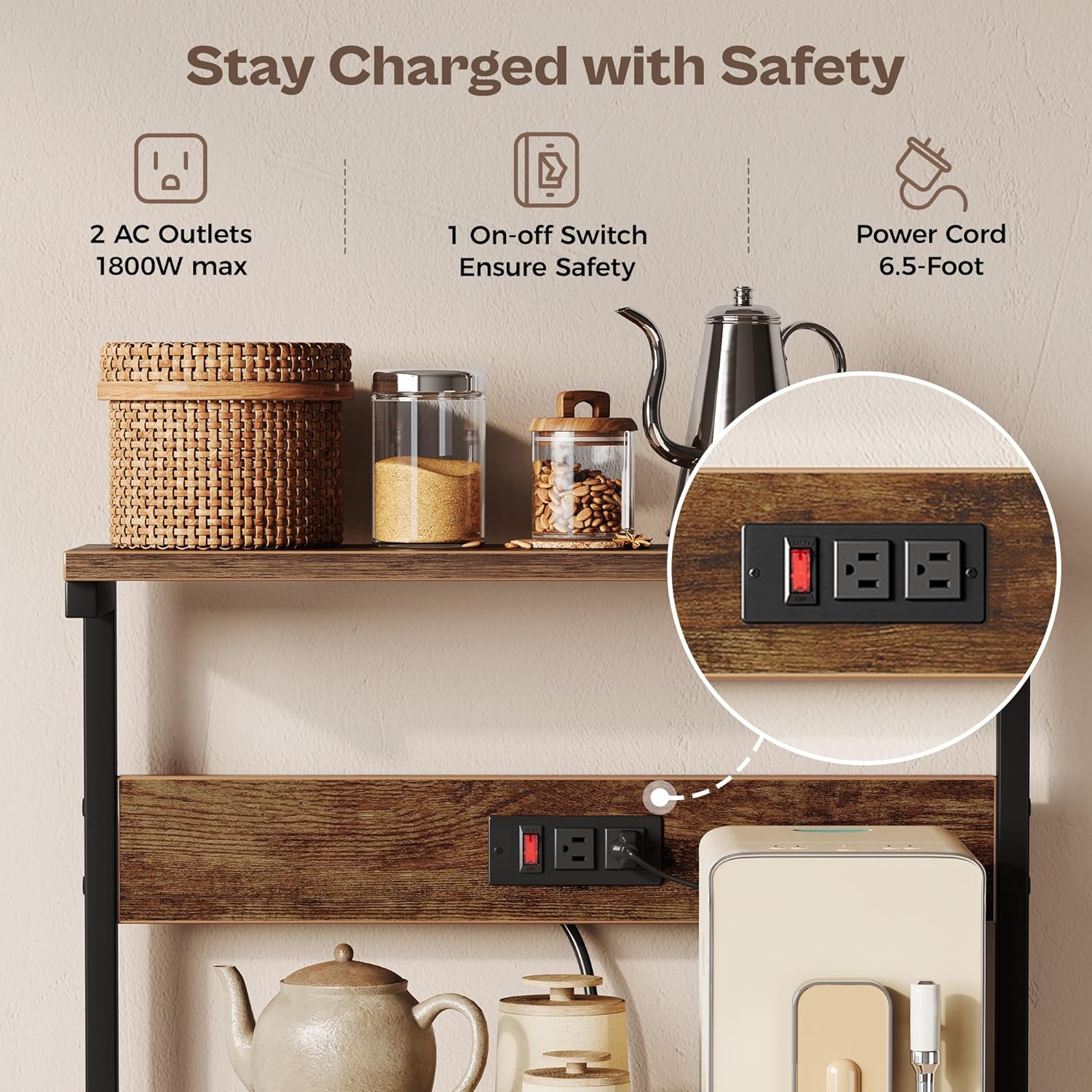 SUPERJARE Kitchen Bakers Rack with Power Outlet, Coffee Bar Table 4 Ti