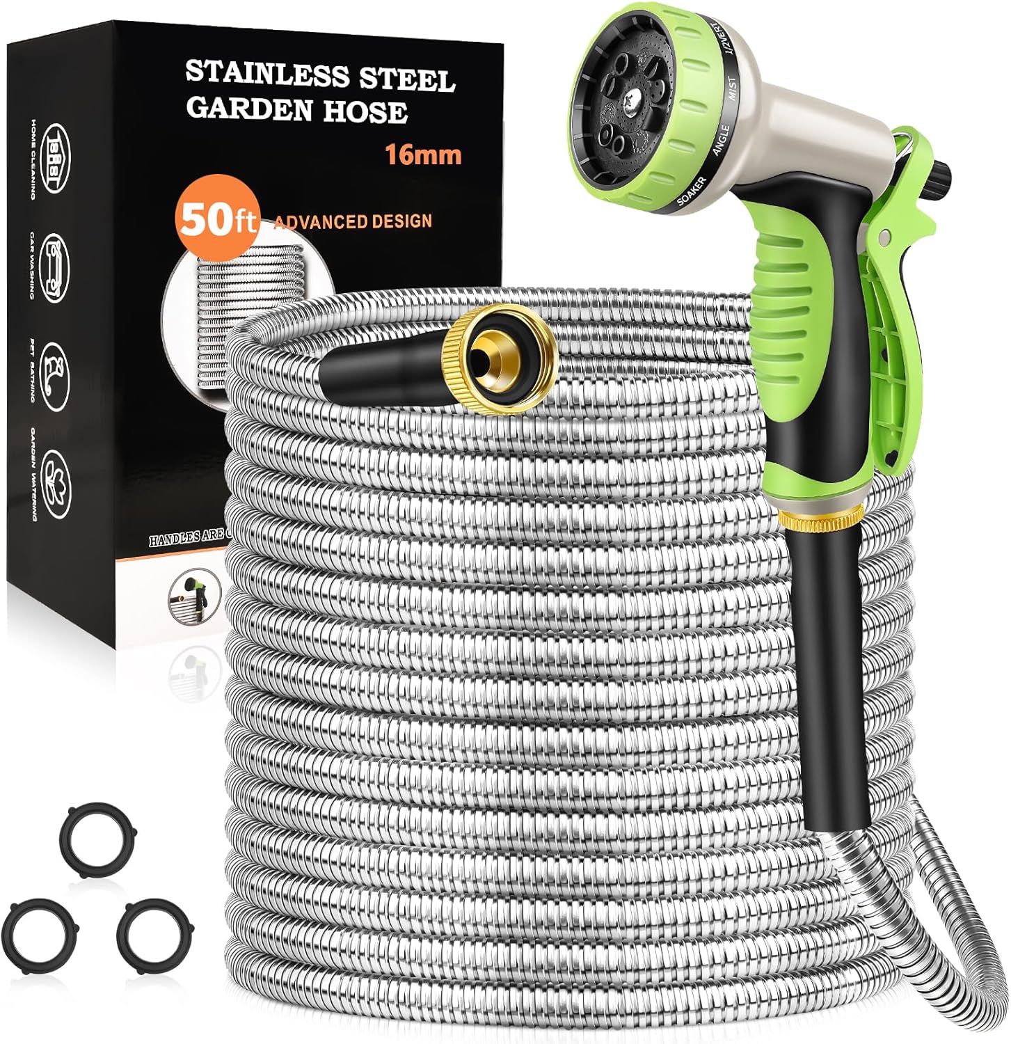 GOXAWEE Garden Hose 50FT, Stainless Steel Heavy Duty Water Hose With 1