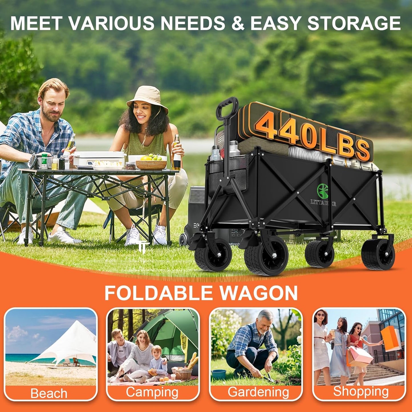 Wagons Carts Foldable with Double Layered Bottom Fork Structure, Foldable Heavy Duty Beach Wagon with 440LB,Collapsible Wagon with All-Terrain Wheels for Camping, Garden,Shopping,Sports