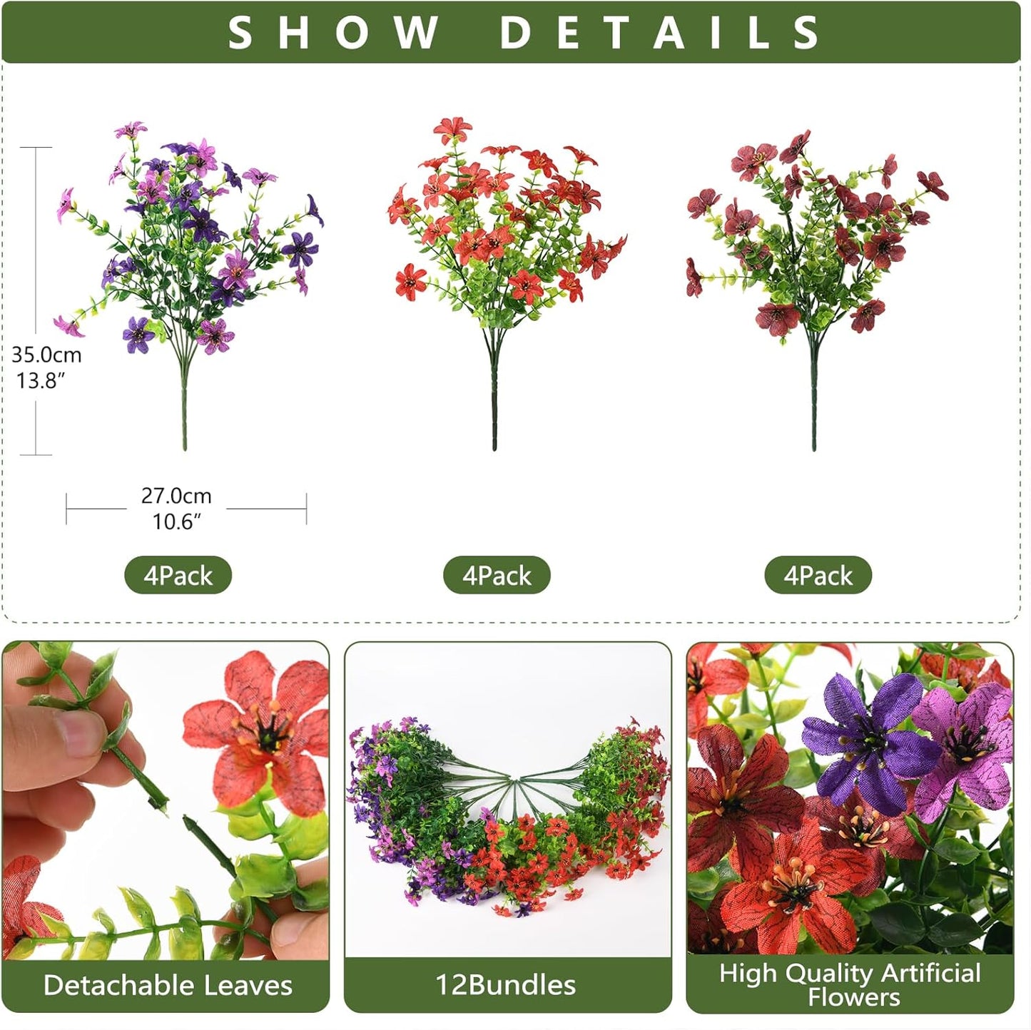 Homsunny Artificial Flowers for Outdoors 12 Bundles Fake Plants Spring Home Decoration, Realistic Faux Flower Silk Daisy with Eucalyptus Stem UV Resistant Patio Planter Porch Yard Window (4 Colors)
