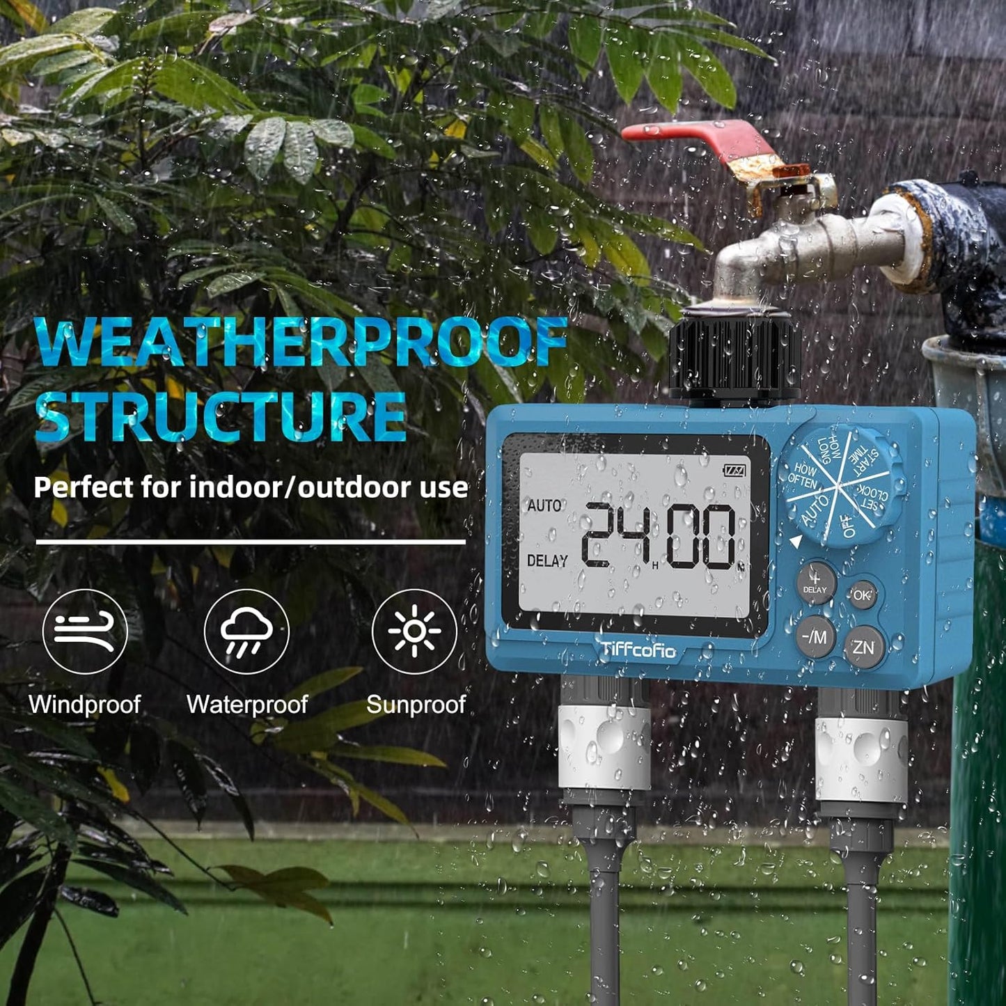 TiFFCOFiO Sprinkler Timer Outdoor, Digital Pogrammable for Garden Hose, Irrigrtion Timer with Rain Delay and Manual Mode (2 Oulets, 1 Pack)