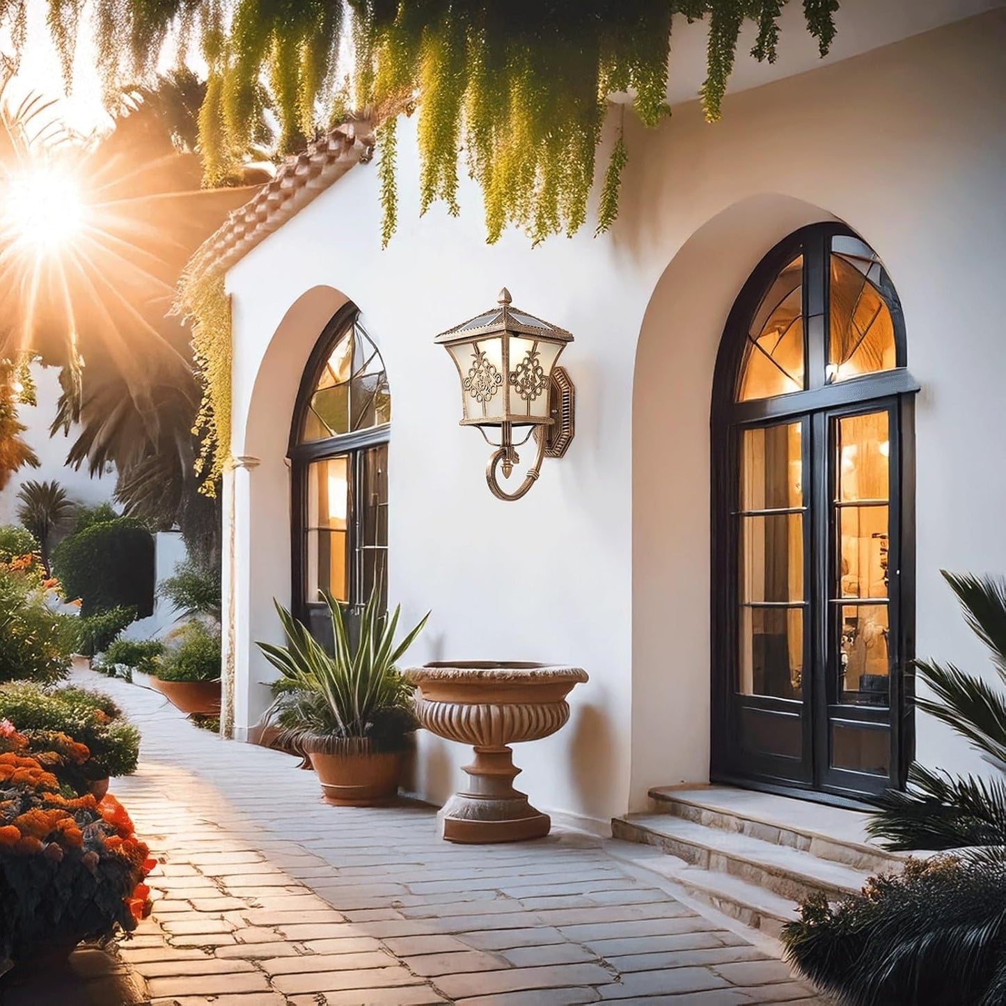 Outdoor Solar Wall Lantern Sconce, Vintage Exterior Lamp with Frosted Decorative Glass Shade, Waterproof Wall Mounted LED Light Fixture for Garden, Patio, Yard, Driveway, Porch, Deck, Gate
