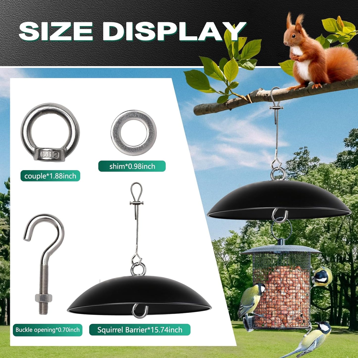 Squirrel Baffle for Bird Feeders,15.7-inch Metal Dome,Squirrel Proof, Weather Shield, with Suspension Wire Rope and Snap Hook for Bird Feeder Pole, Shepherd's Hook,Trees,1 Pack(Black)