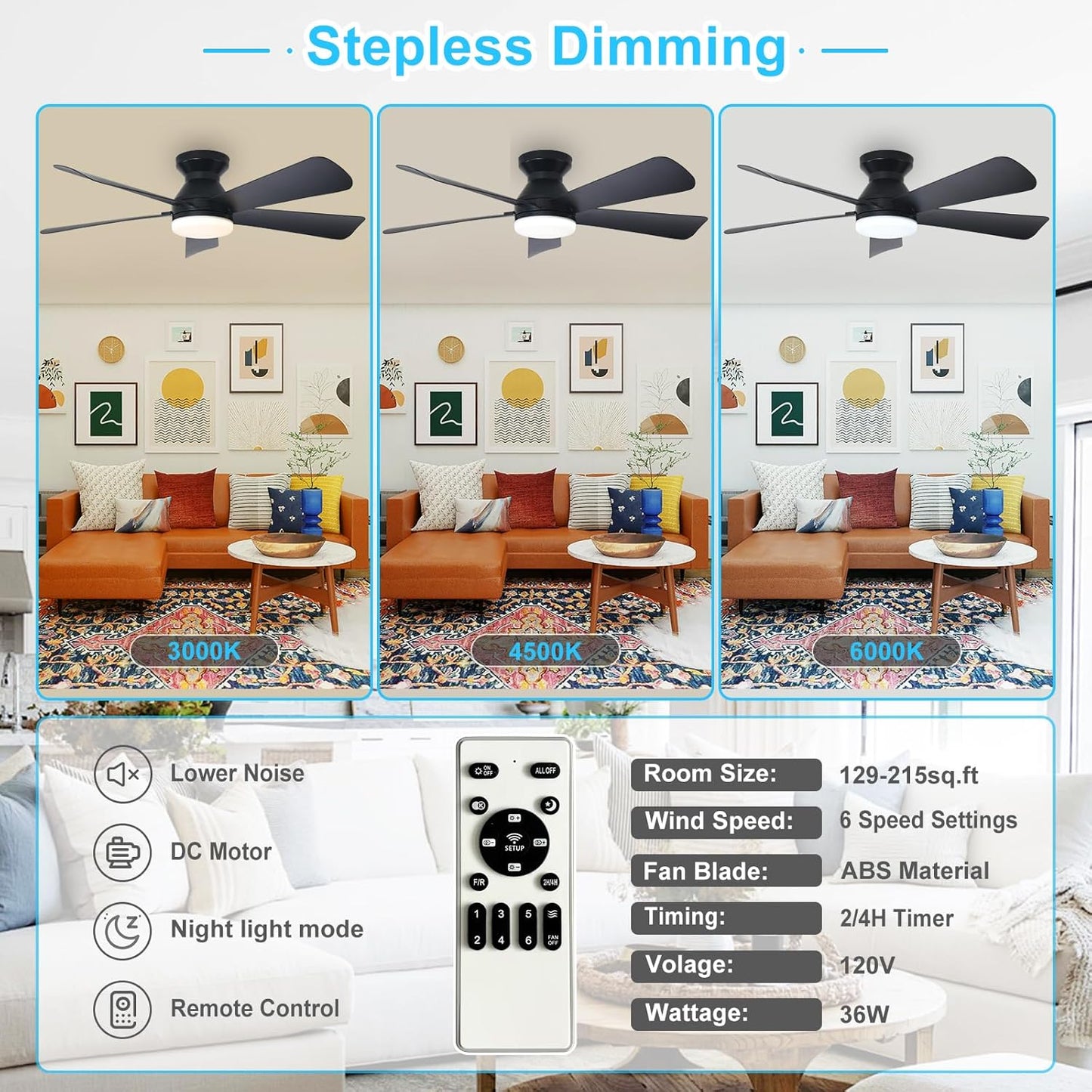 Depuley Modern Ceiling Fan with Light: 42-Inch Black Small Fans for Be