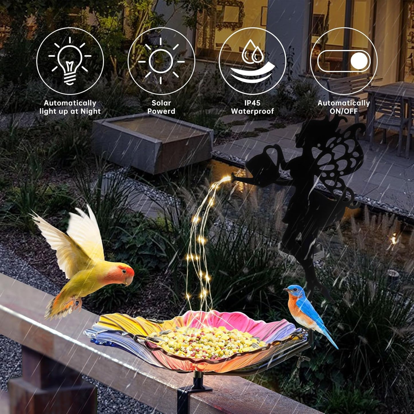 Solar Glass Colored Bird Bath，Birdbaths Deck Mounted 19.5 Inches Bird 