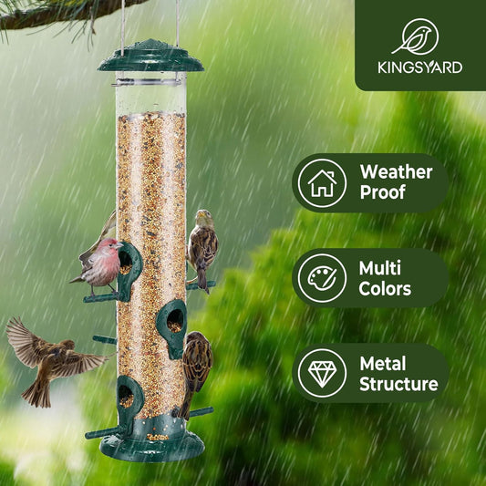 Kingsyard Metal Bird Feeders for Outdoors Hanging, Tube Bird Feeder with 6 Feeding Ports, 15 Inch, Chew-Proof & Weatherproof, Green