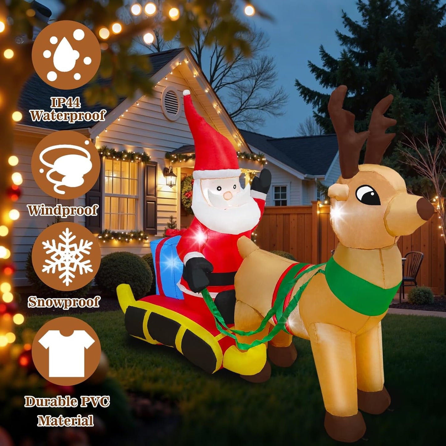 7.2 Ft Length Christmas Inflatable Santa on Reindeer Sleigh Decoration, Durable Blow Up Decoration Built-in LED Light, Christmas Inflatables for Garden Patio Lawn Home Indoor Winter Holiday Party
