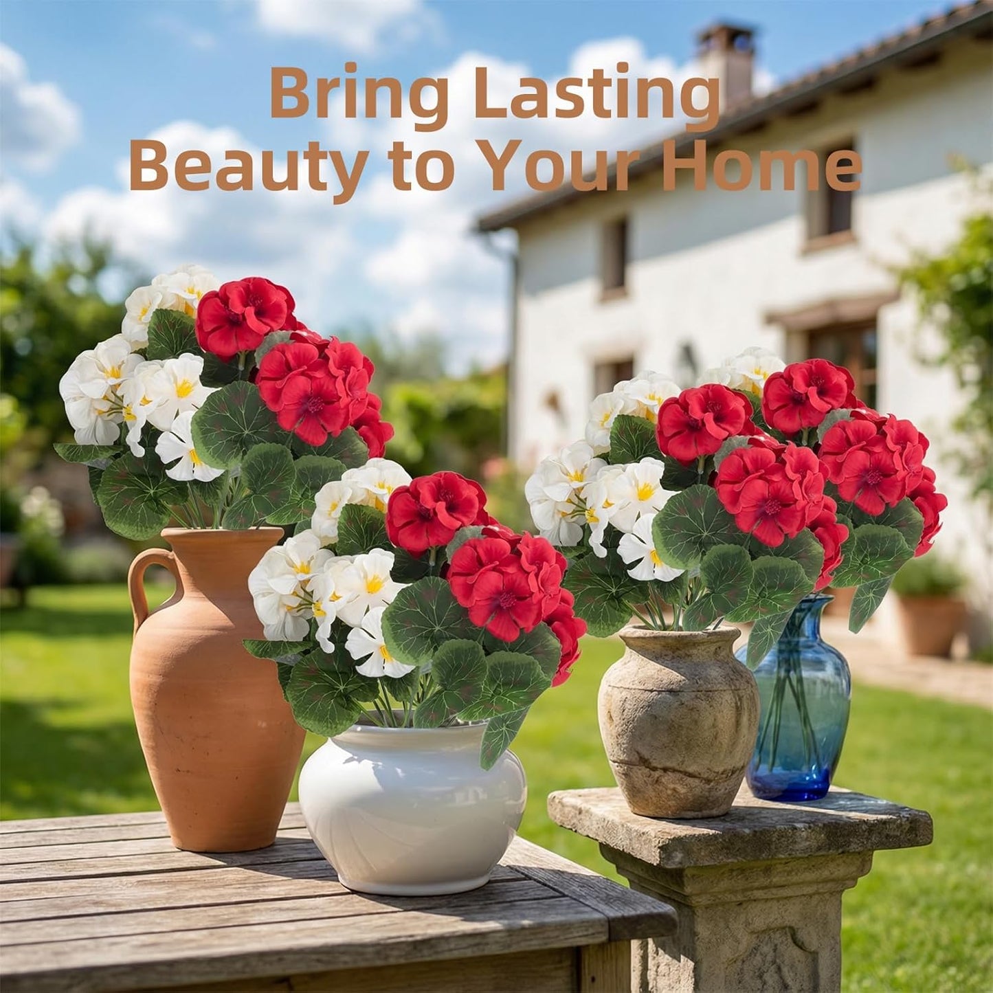 Artificial Flowers, Artificial Plants Outdoor, Artificial Geraniums, Realistic Fake Flowers, Porch Decorations, for Garden, Patio, Window Box, Party Wedding Decoration (6, Red, White)