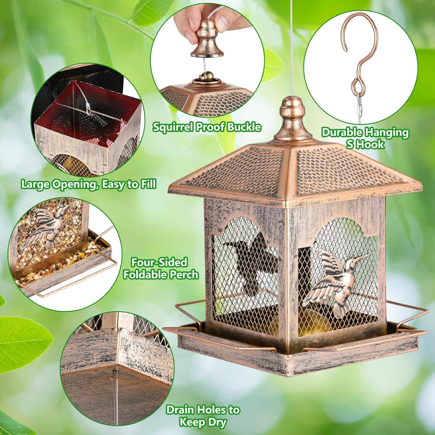 LBTING Bird Feeder for Outside, Metal Square Lantern-Shaped Bird Feede