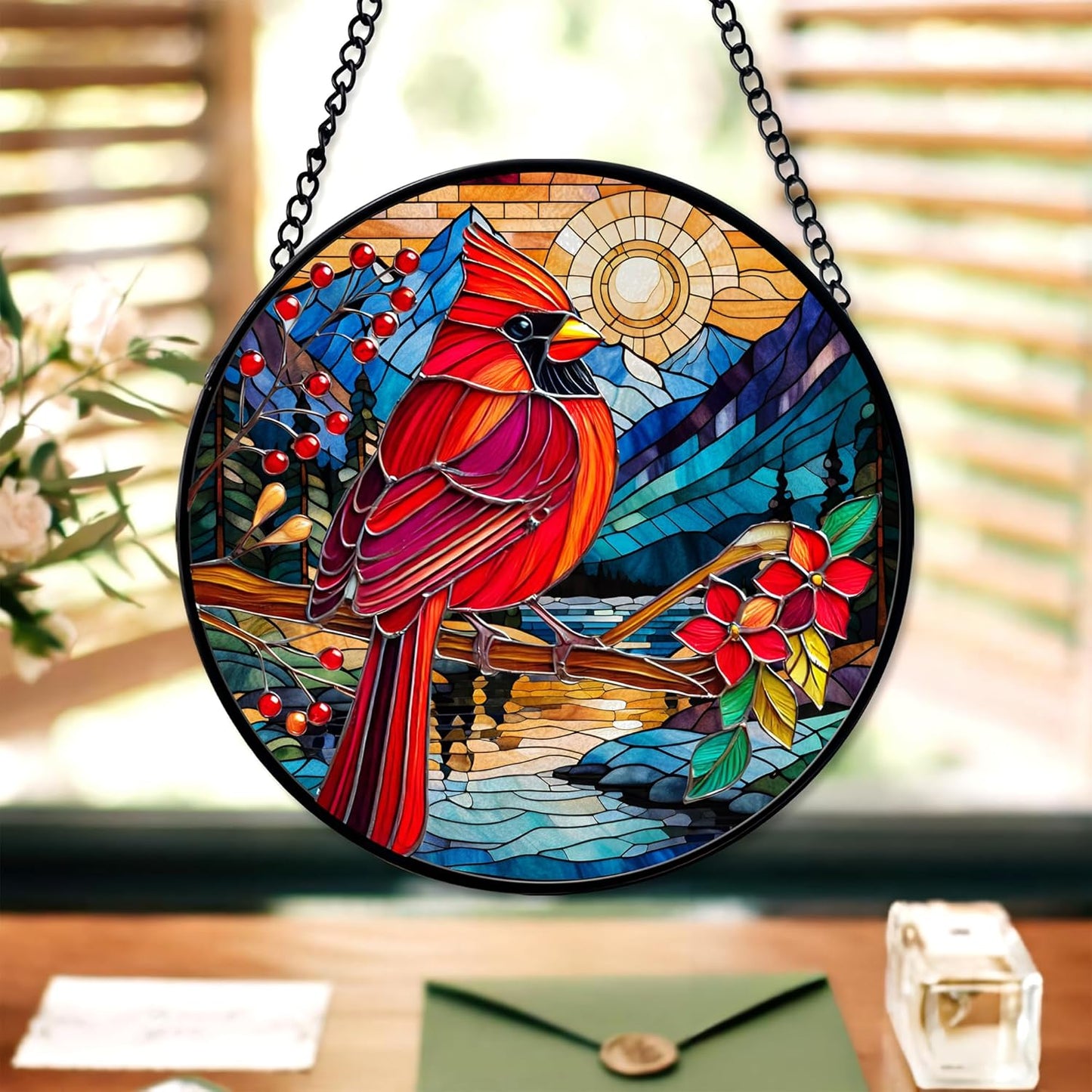 7.8'' Cardinal Suncatcher Stained Glass Window Hanging Memory Ornament Suncatchers Christmas Mothers Fathers Day Remembrance Sympathy Memorial Gifts for Loss of Loved One Mom Father Grandma