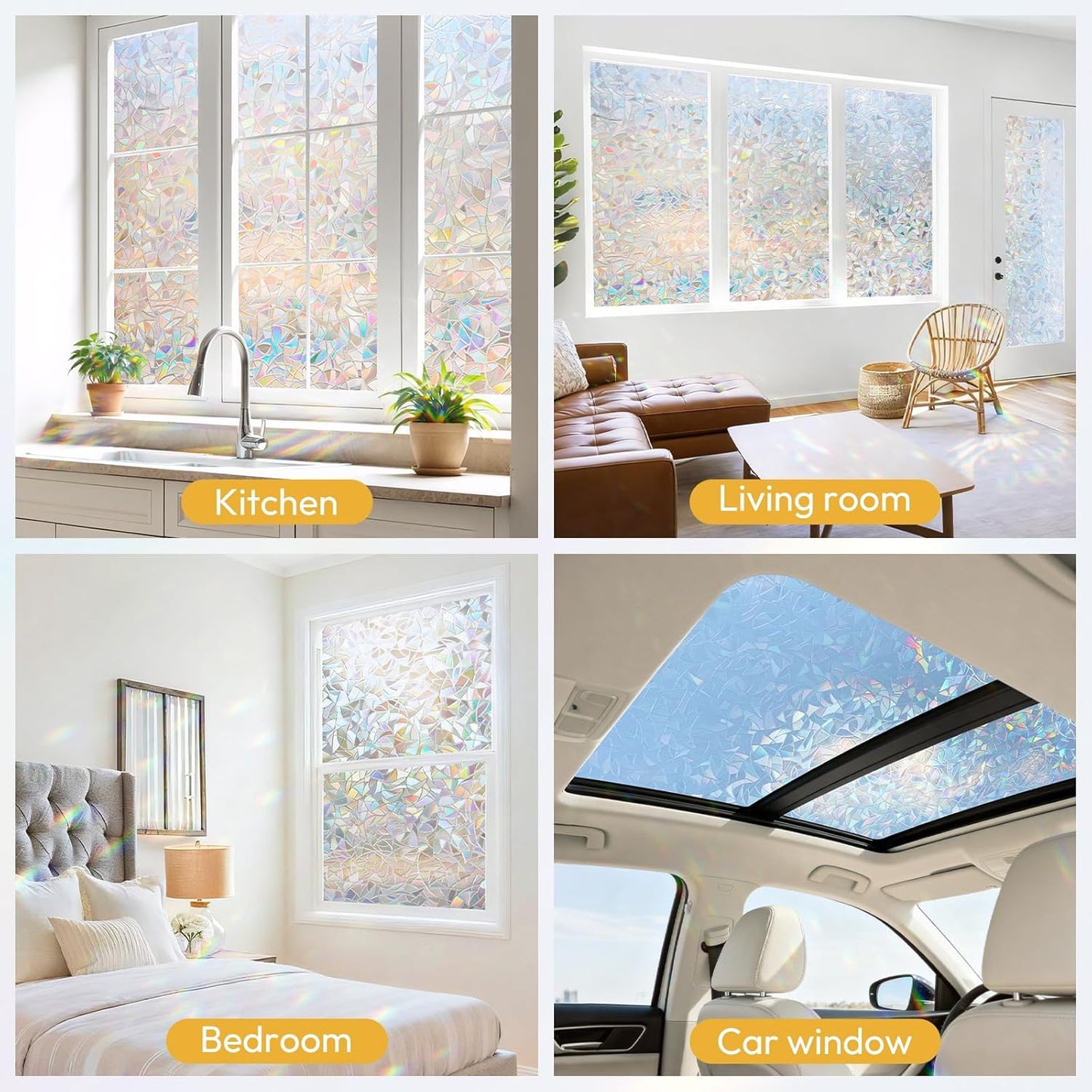 rabbitgoo Window Privacy Film Stained Glass Rainbow 3D Prism Decorative Iridescent Window Sticker Static Cling Suncatcher UV Protection for Home Heat Control, 17.5" x 78.7"