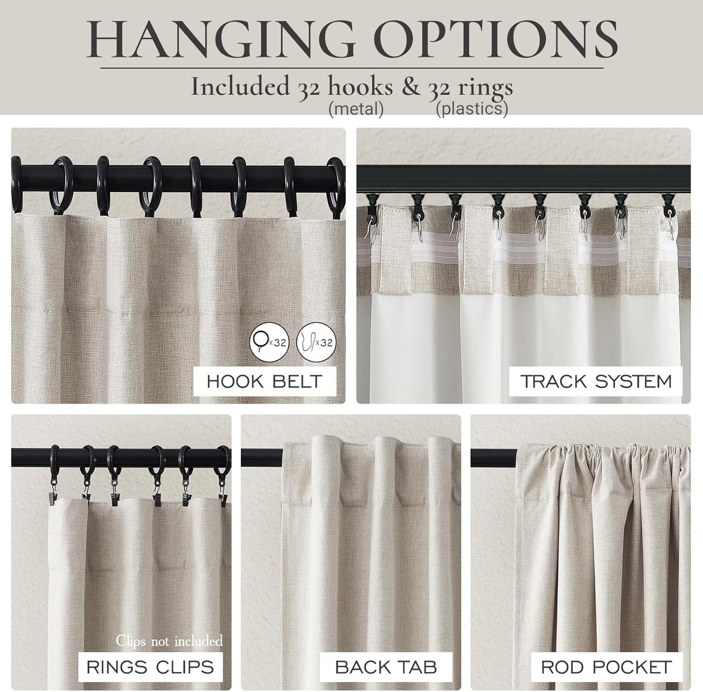100% Blackout Curtains 84 Inch Length 2 Panels Set Farmhouse Style for Bedroom Windows/Living Room Thermal Insulated Neutral Boho Drapes Linen Blend Natural Ivory 7ft Long Hook Belt Pleated/Back Tab