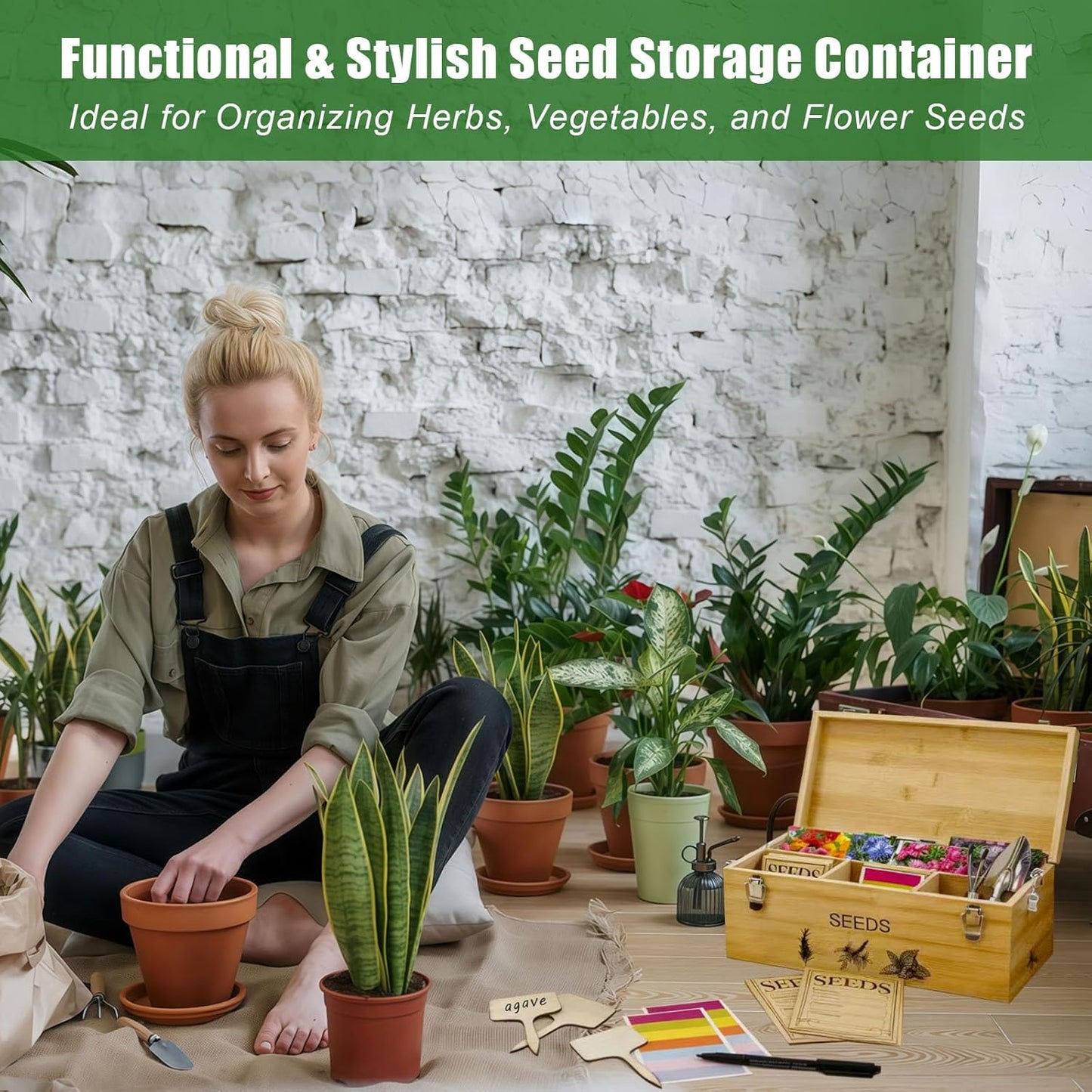 Natural Bamboo Seed Storage Organizer Box – Large Seeds Saver Kit Included Stainless Steel Garden Tools, 20 Seed Envelopes, 10 Wooden Plant Labels, Mark Pen & 3 Color Stickers