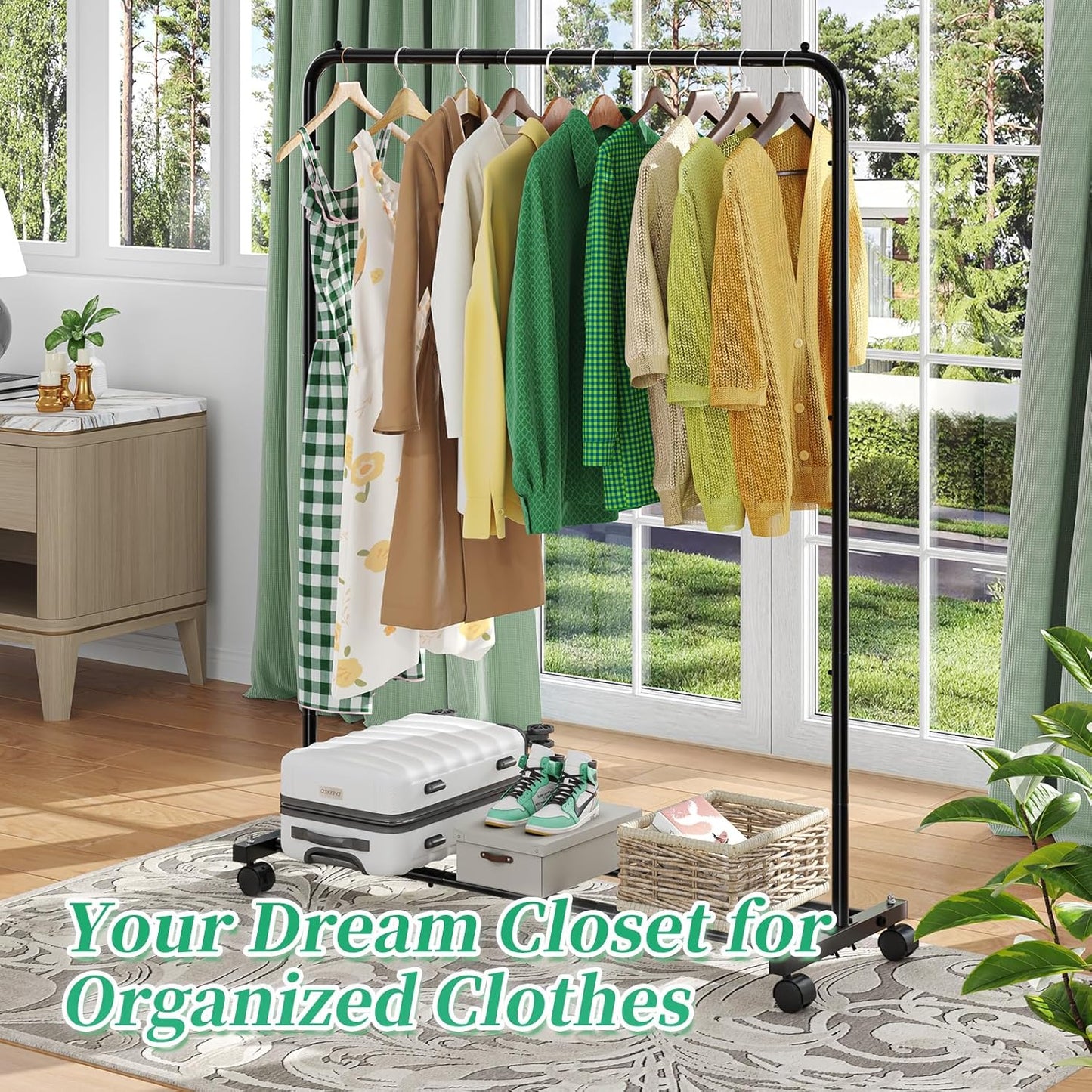 Simple Trending Standard Clothes Clothing Garment Rack with Storage Shelves, Rolling Clothes Organizer on Wheels for Hanging Clothes, Black