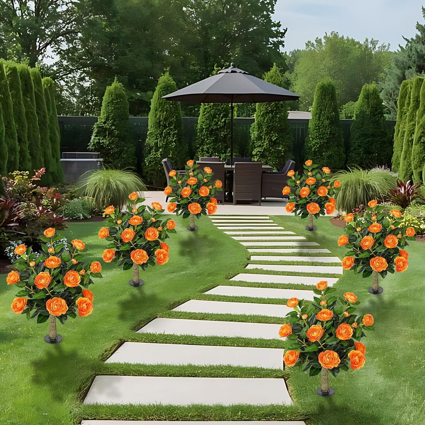 33" Artificial Camellia Tree with Ground Spike, Faux Bushes Plants with Fake Flowers, 2 Pack Realistic Blooming Shrubs for Front Porch Pots, Patio Yard Landscape, Outdoor Garden Walkway Decor, Orange