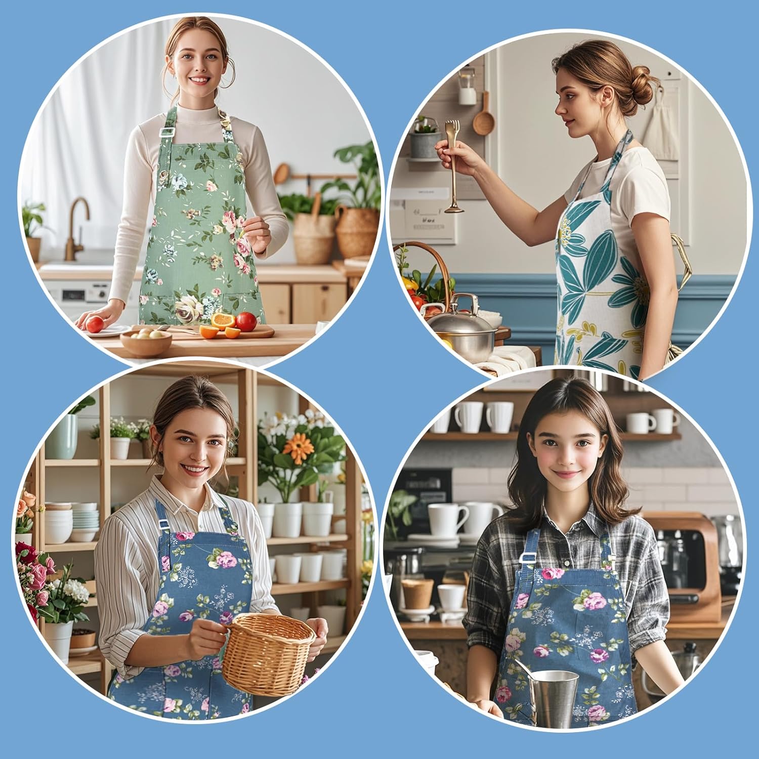 Apron for Women with Pockets, 3 Pcs Floral Print Canvas Apron with Adj