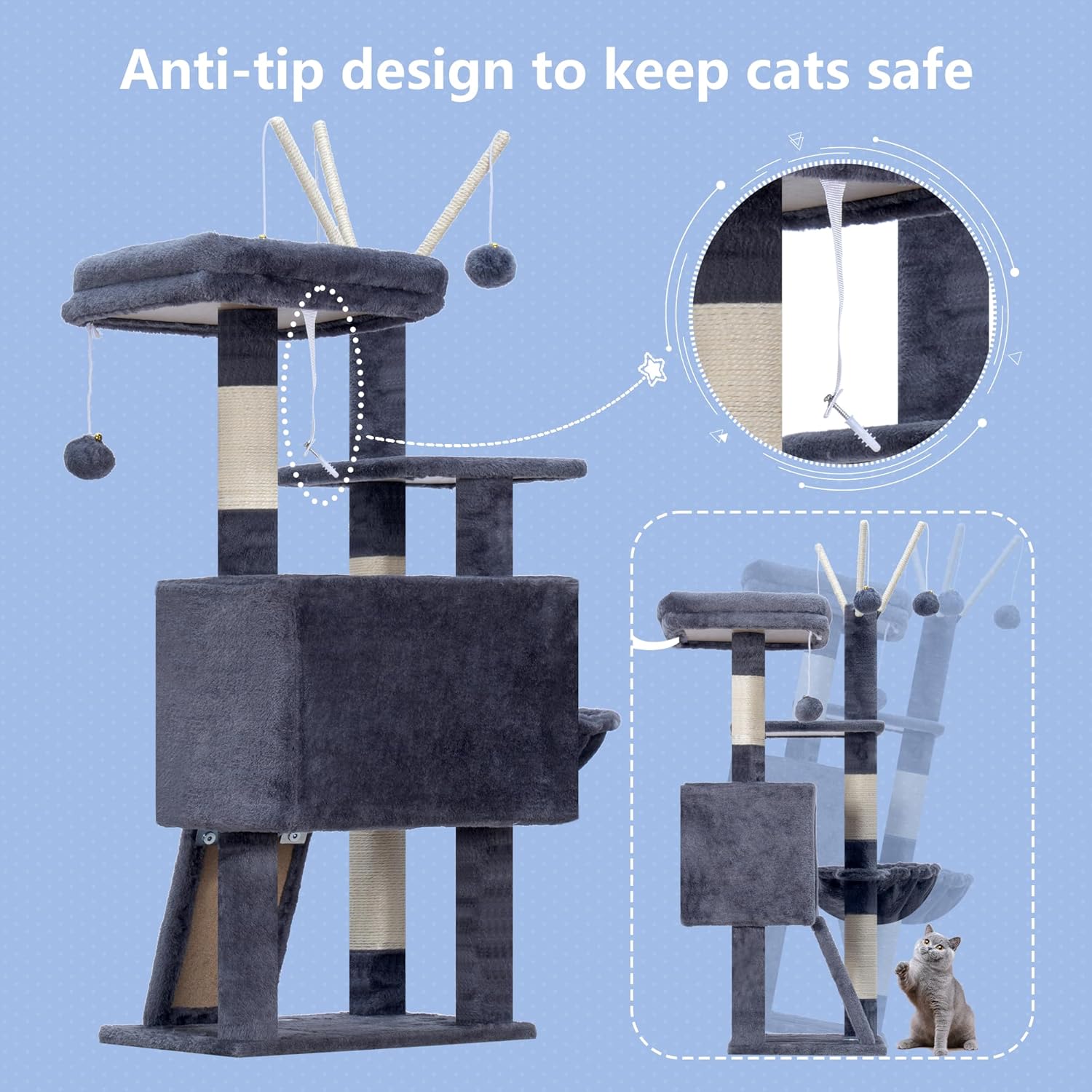 Hey-brother Cat Tree Tower, Scratching Posts with Removable Toys, Cozy