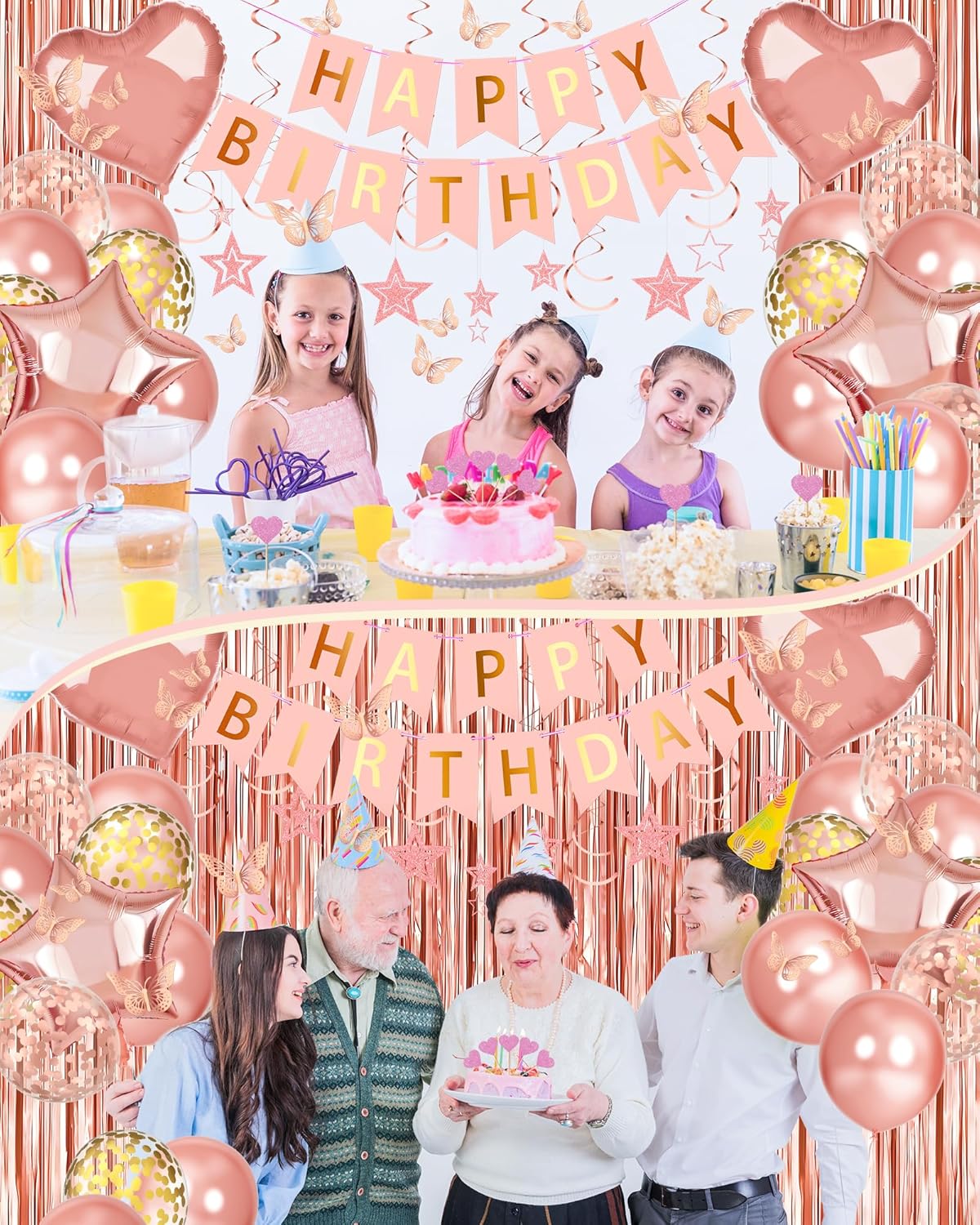 Rose Gold Happy Birthday Party Decorations, Happy Birthday Banner, Ros