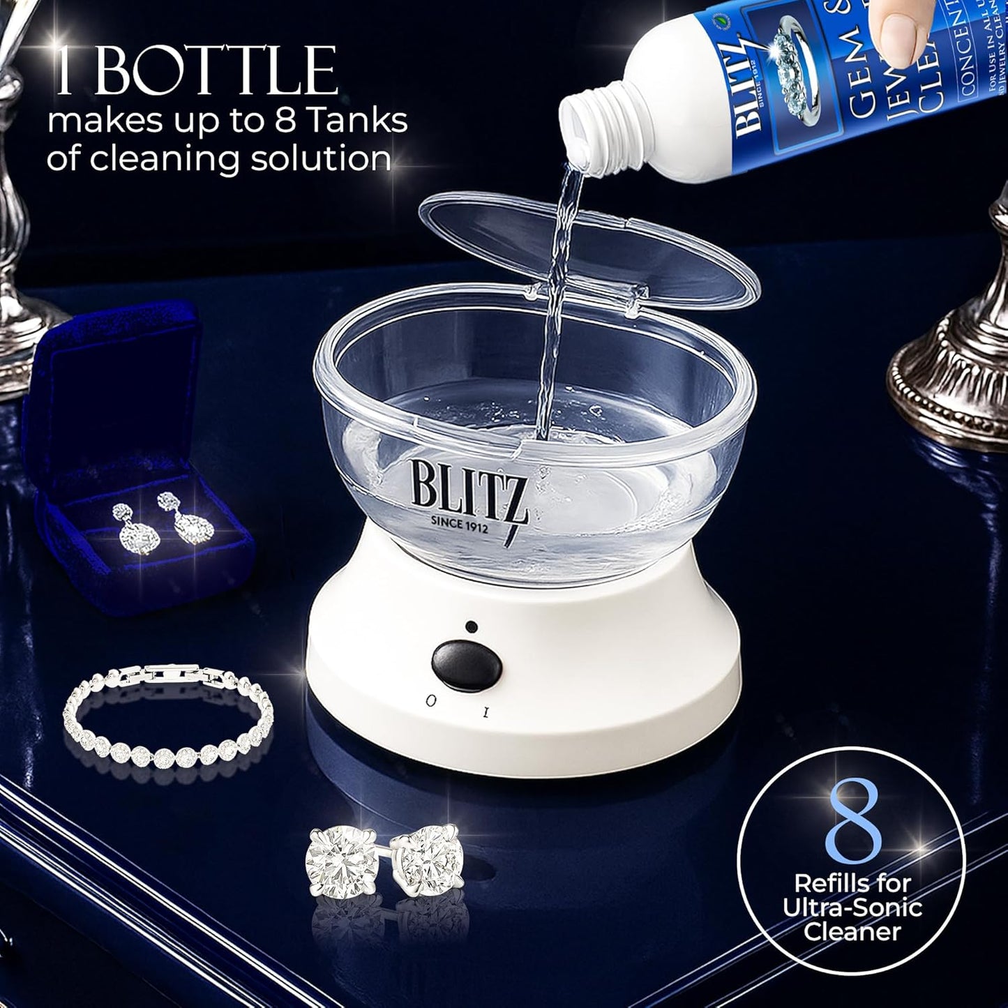 Blitz Gem & Jewelry Cleaner Liquid Concentrate for Gold, Silver, Platinum Jewelry Cleans Non-Porous, Precious & Semi-Precious Stones Non-Toxic, Non-Abrasive, Planet Friendly Made in USA 8oz (2 Pack)