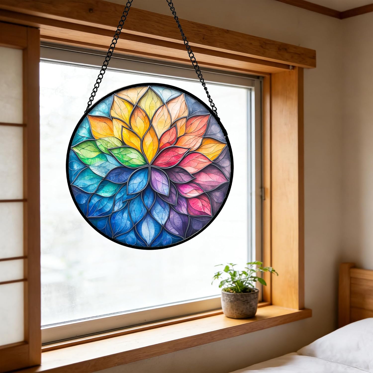Stained Glass Window Hanging, Colorful Flower Petals Sun Catchers Diam