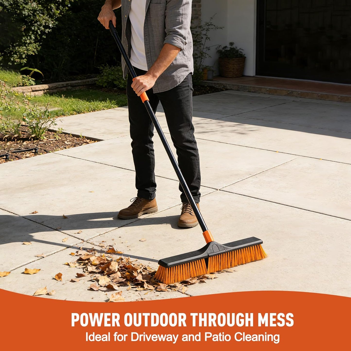24”Push Broom Brush for Floor Cleaning with 65” Long Handle and Stiff Bristles, Heavy Duty Brush for Shop, Deck, Garage, Concrete,Indoor and Outdoor Broom,Orange