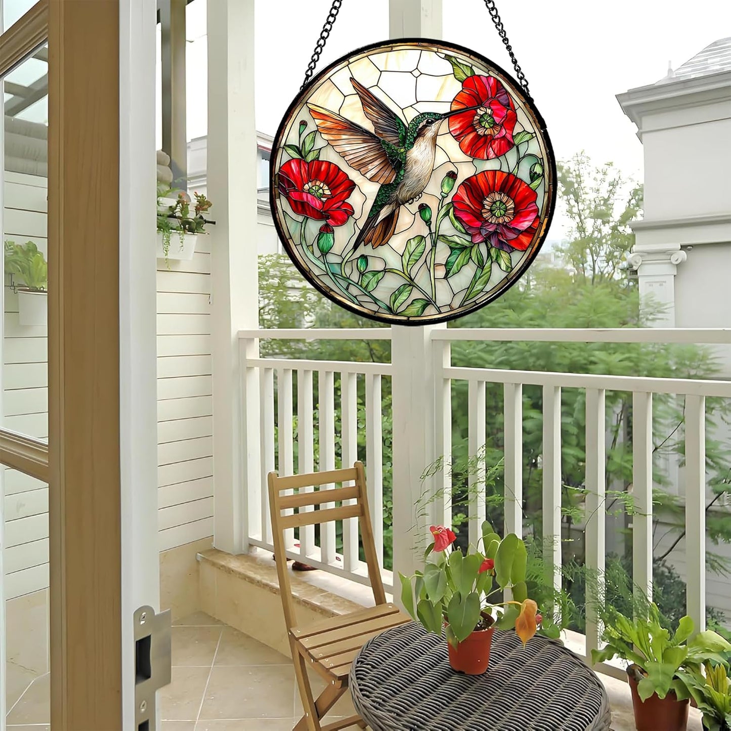 Stained Glass Window Hanging - Green Hummingbird Red Flower Suncatcher