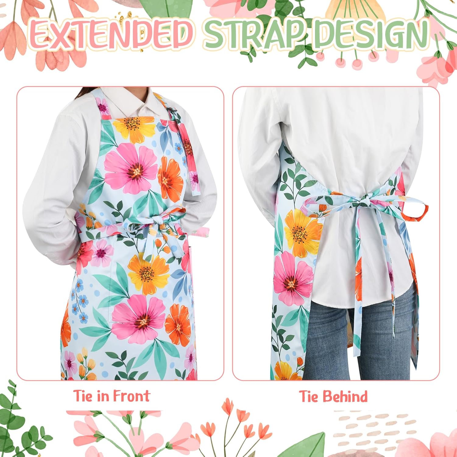2 Pack Floral Apron for Women with Pockets, Adjustable Kitchen Chef Ap