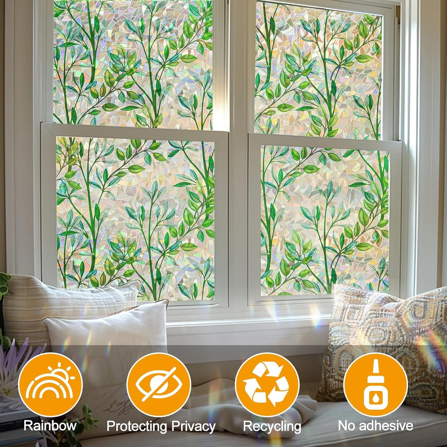 Window Privacy Film Stain Glass Window Film Rainbow Window Film Window clings Non-Adhesive Reusable Decorative for Room (Leaf Rainbow, 17.5 x 78.7 in)