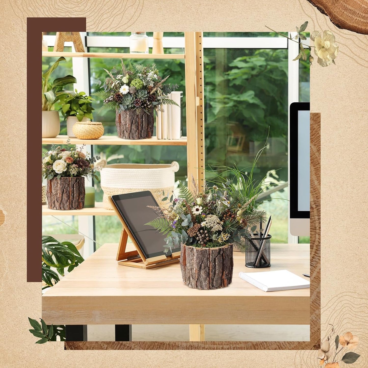 4 Set Wooden Vase for Centerpieces Wedding Flower Table Centerpieces Decor Rustic Bark Stump Bucket Farmhouse Wood Planter Pot for Woodland Party Window Home (Fake Green Moss,Large)