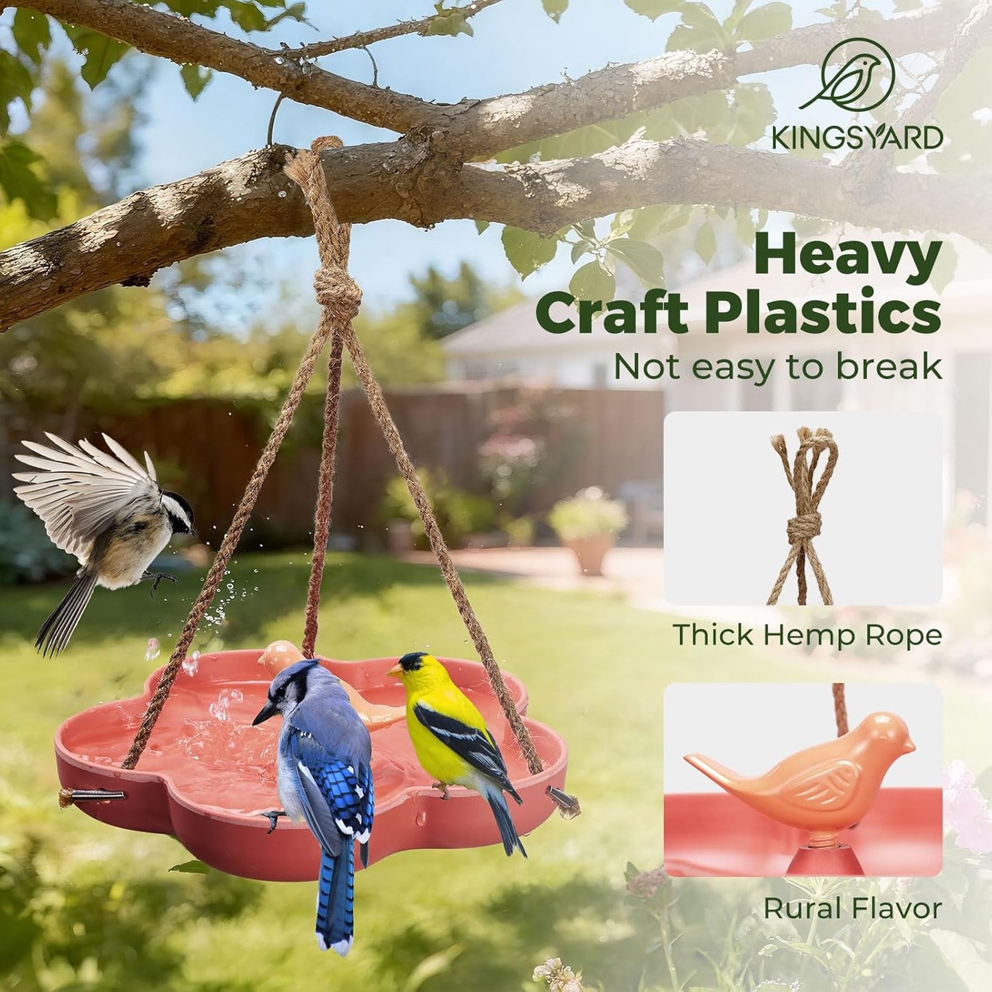 Kingsyard Hanging Bird Feeder and Bath for Outside, 9" Vintage Imitation Ceramic Platform Bird Feeder Tray for Outdoors, Heavy Water Bowl Birdbaths for Garden Patio Decoration Gifts, Orange