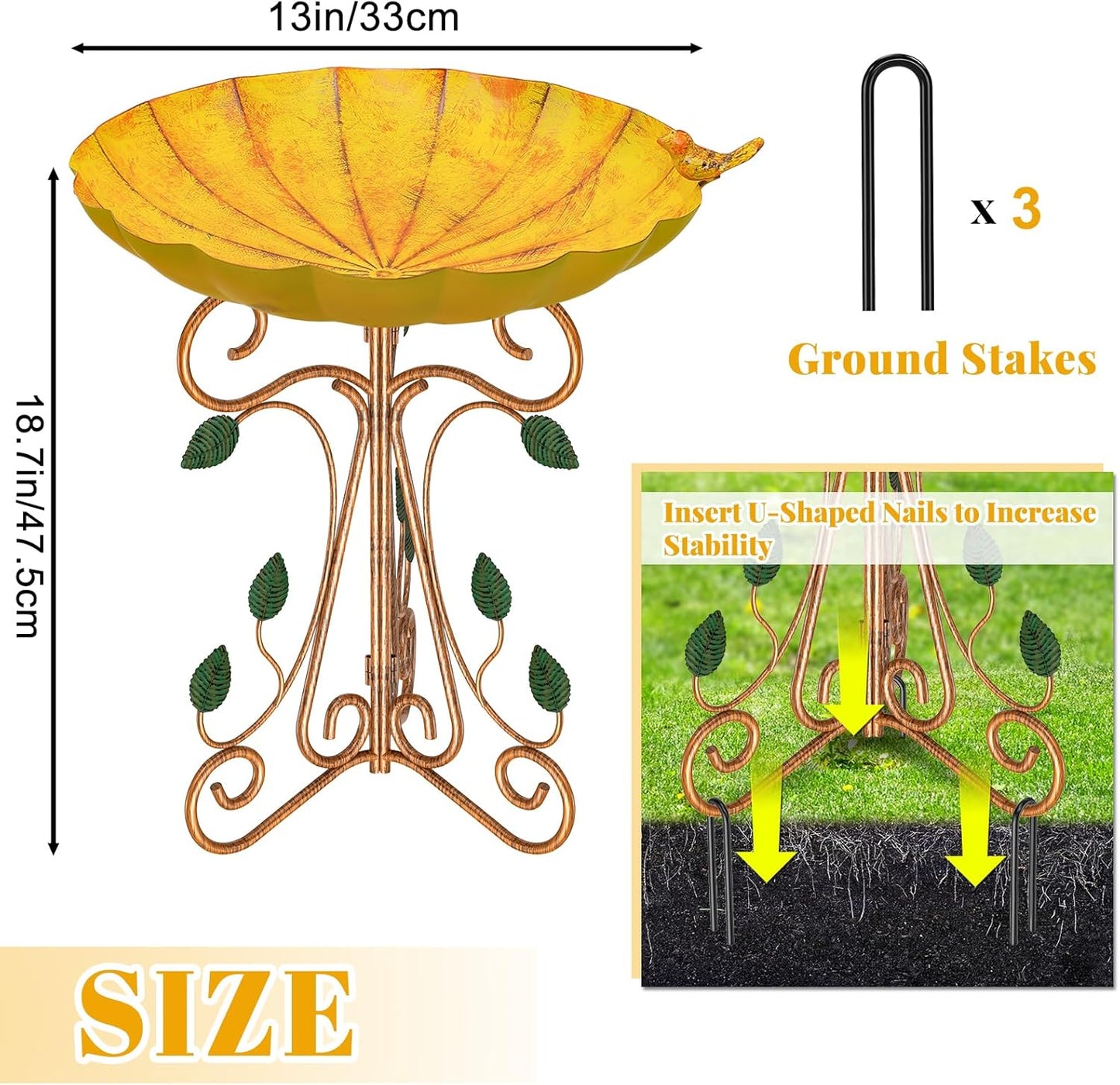 Vintage Metal Bird Bath for Outside, 13" Dia Birdbaths Bowl with Cast 