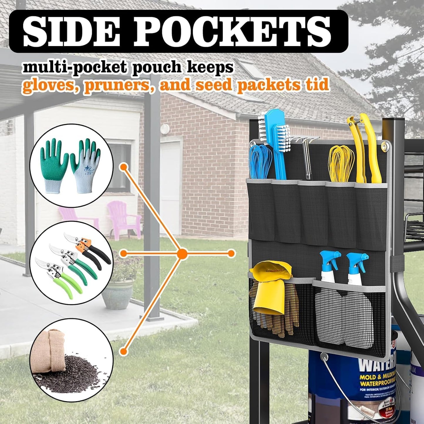36" Large Garden Tool Organizer with Wheels & Side Tool Bag, 3 Tier Rolling Garage Storage Rack for Long Handled Rakes, Shovels, Brooms, Freestanding Yard Tools Cart for Shed & Outdoors