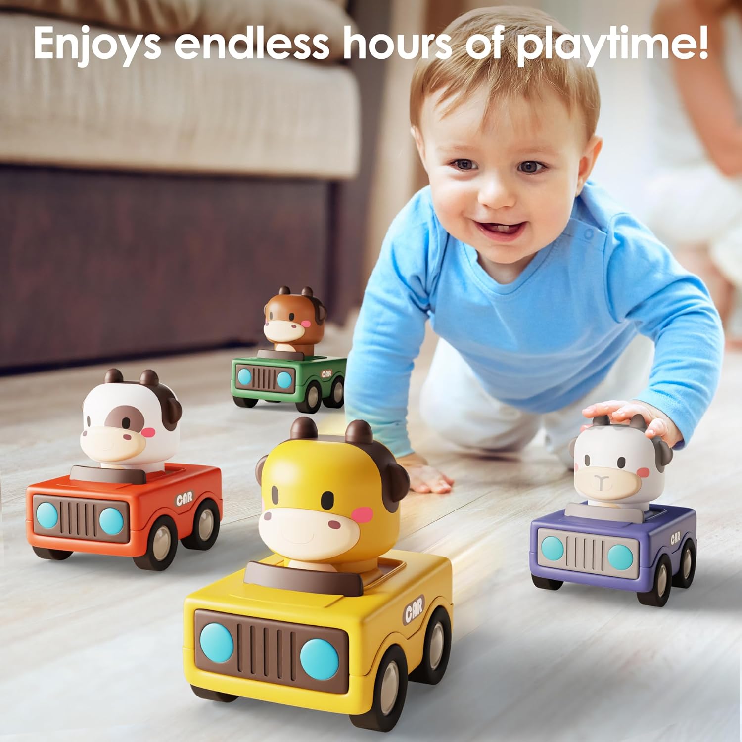 iPlay, iLearn Press to Go Car Toys for Toddlers 1-3, Baby Animal Racin