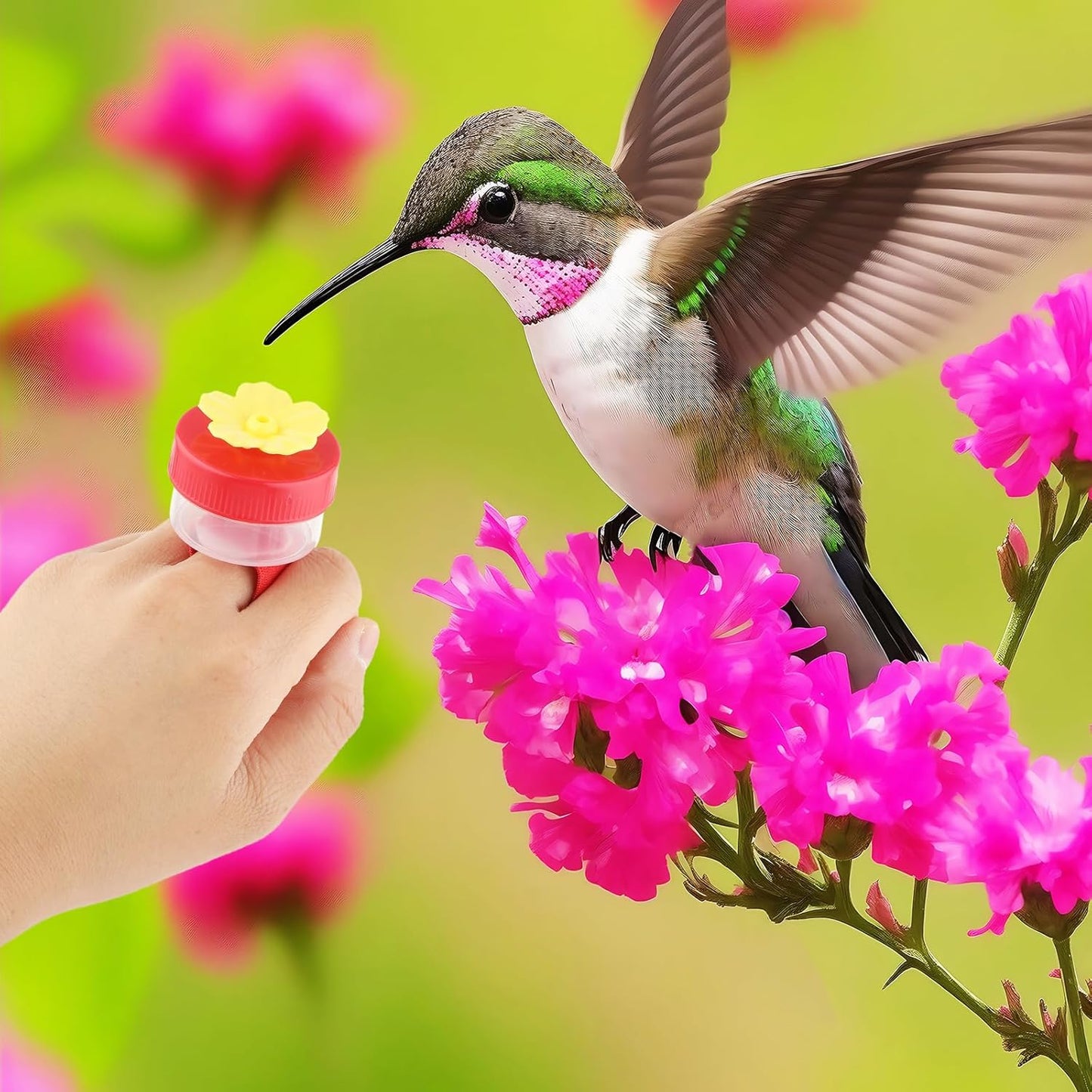 Hummingbird Wrist Feeder Set, 2 Pack Ring and Wrist Adjustable Hummingbird Hand Feeders with 2 Cleaning Brush Mini Hand Held Flower Hummingbird Feeders for Outdoor (Rainbow)