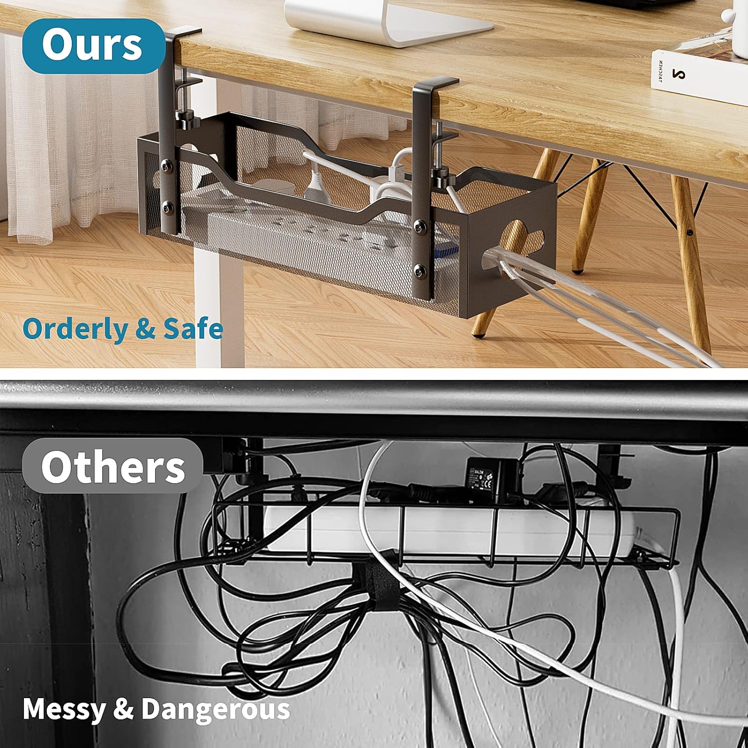 Under Desk Cable Management Tray No Drill, Metal Mesh Cable Management