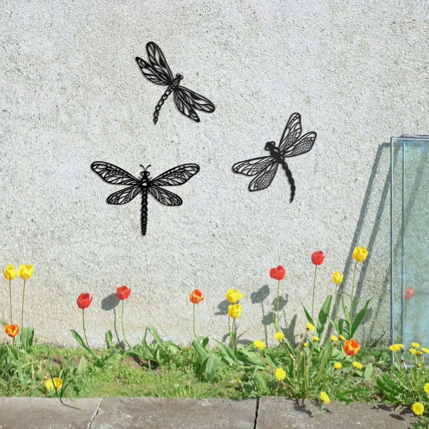 KOYILTD 3 Pieces Unique Dragonfly Wall Decoration Black Metal Garden W