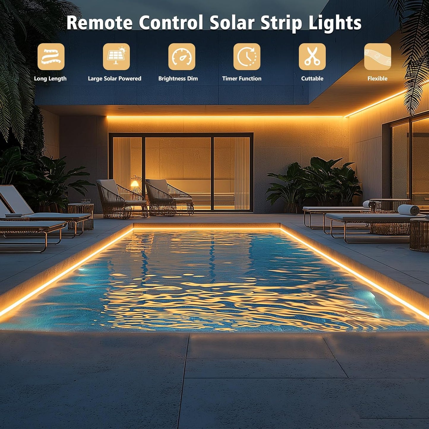 DBFAIRY 50Ft Solar LED Strip Lights Outdoor, Large Capacity Solar Powered Light Strip Auto On/Off with Remote Timer 8 Lighting Modes for Pathway Patio Pool Camping Decor, 2700K Warm White