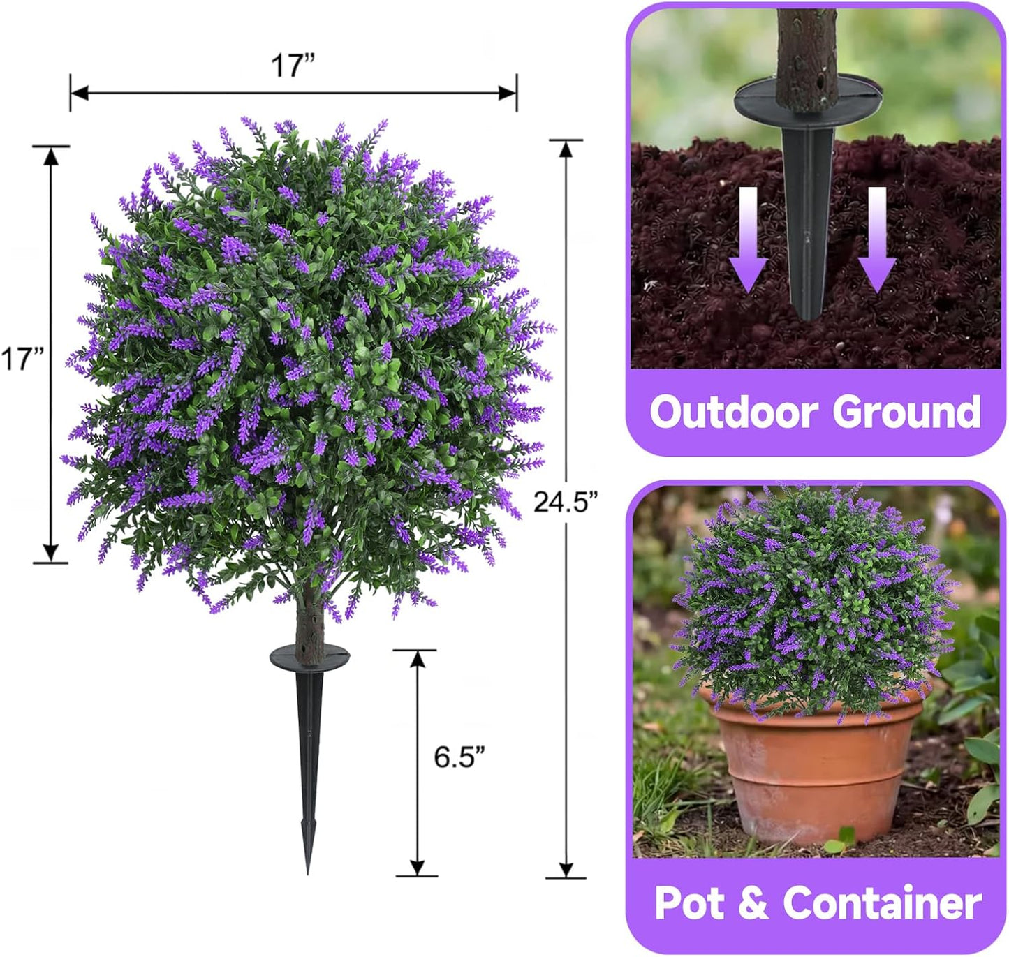 Dense Foliage Artificial Lavender Topiary Ball Trees 24 Inch, 2 Pack UV Resistant Fake Plants with Ground Spike, Outdoor Faux Shrubs for Garden, Patio, Porch, Yard Decor