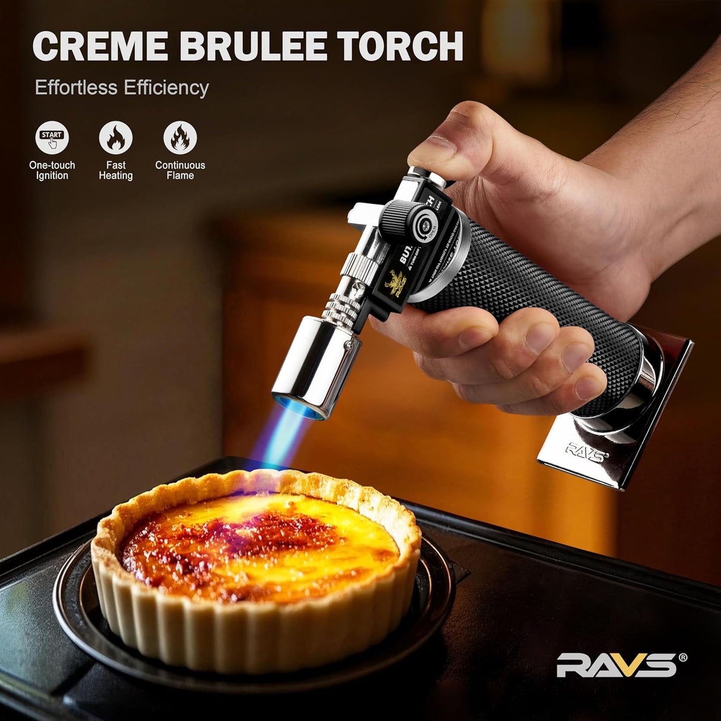 RAVS Butane Torch Lighter, Premium Metal Kitchen Torch with Adjustable Flame & Safety Buckle, Refillable Creme Brulee Torch for Baking, BBQ, DIY, Resin Art, Black, Butane Gas Not Included