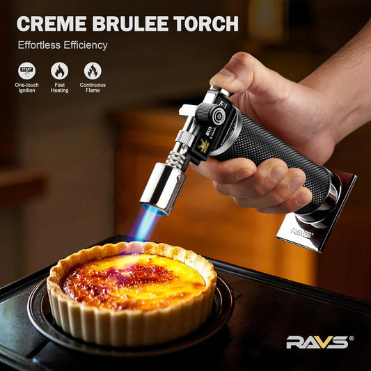 RAVS Butane Torch Lighter, Premium Metal Kitchen Torch with Adjustable Flame & Safety Buckle, Refillable Creme Brulee Torch for Baking, BBQ, DIY, Resin Art, Black, Butane Gas Not Included