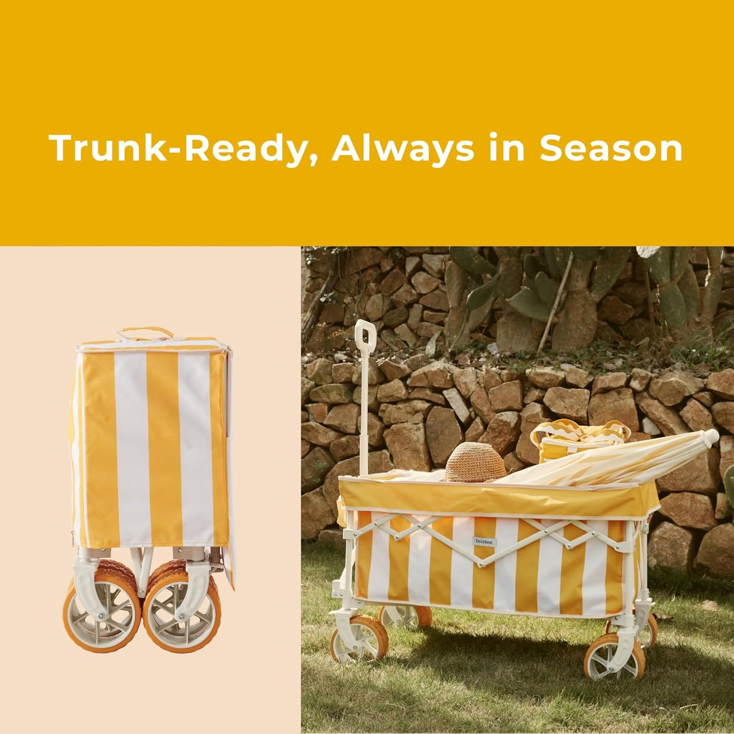 Beach Wagon for Sand with 6.7" Fat Tires, Foldable Beach Cart for Beach & Camping, Large Capacity Easy-Pull Wagon, Cala Serena Ochre Stripe