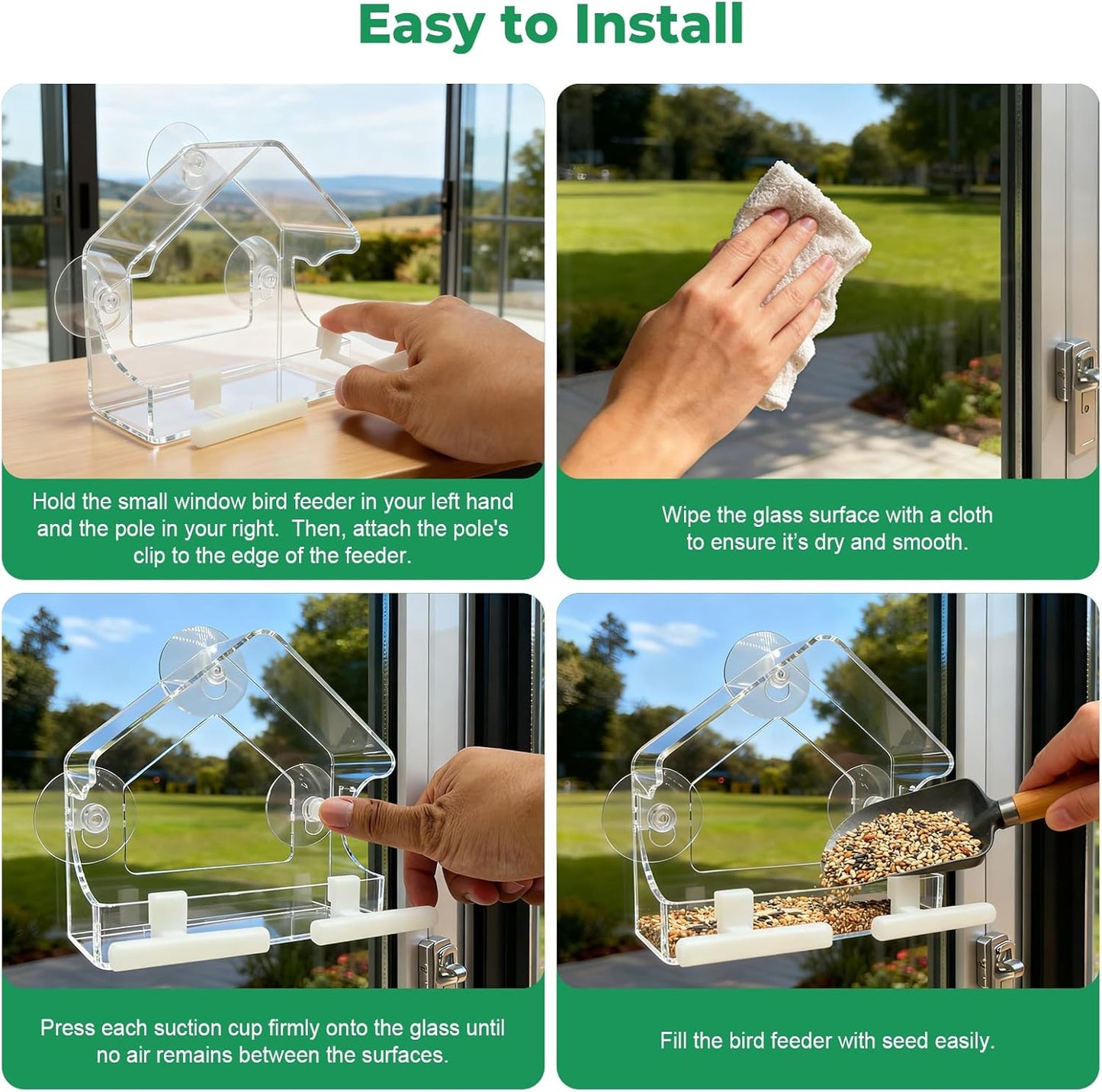Clear Window Bird Feeder for Outside - Strongest Suction Cups 360° Vie