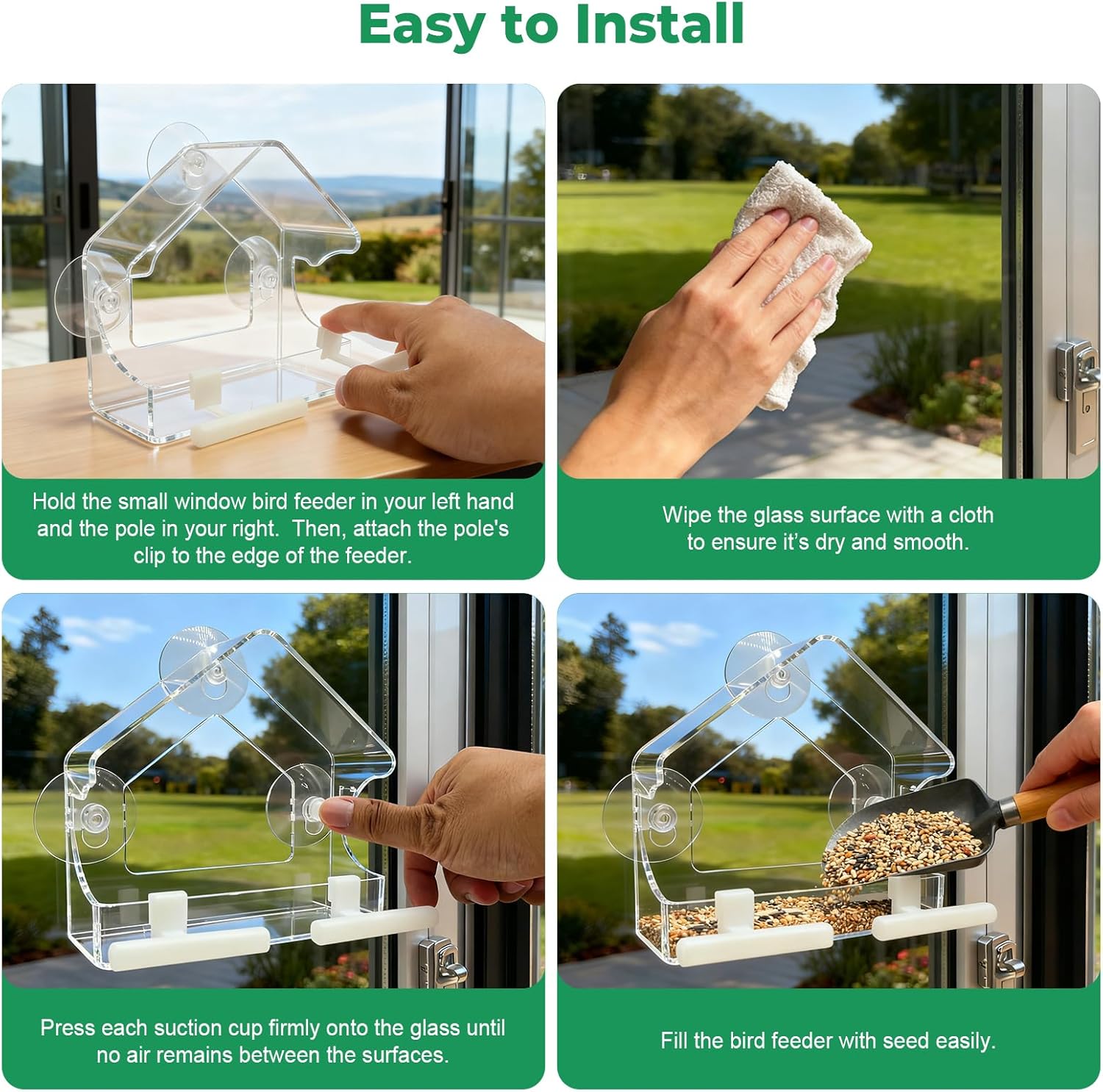 Clear Window Bird Feeder for Outside - Strongest Suction Cups 360° Vie