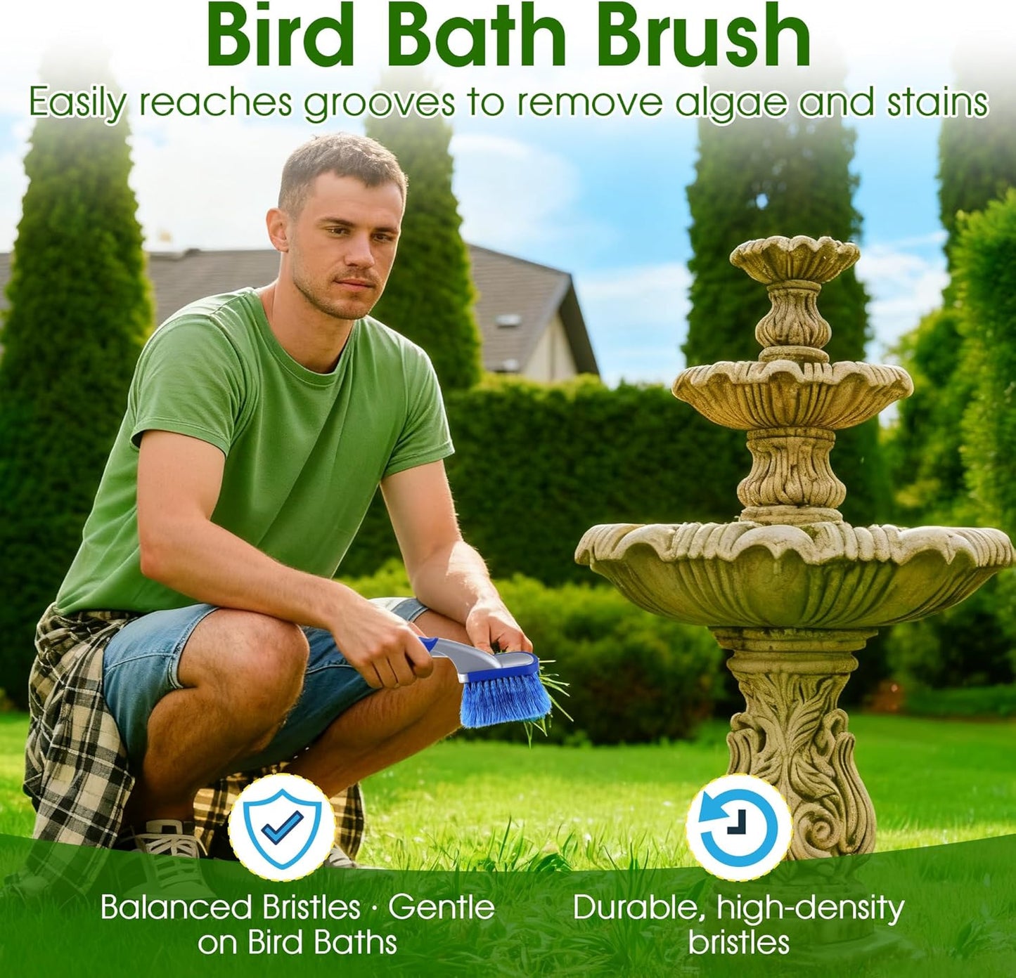 Bird Bath Cleaner, Hummingbird Feeder Cleaning Brushes, Non Scratch Scrub Brush with Large Ergonomic Handle and PVC Bristles for Bird Feeder, Bath Accessories, Fountain, Concrete Outdoor Cleaning