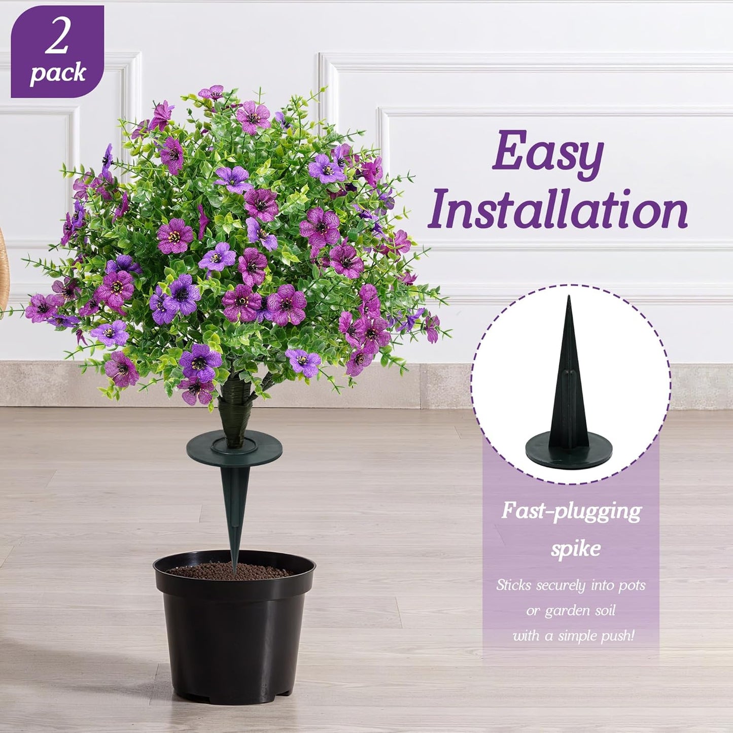 24Inch Artificial Purple Flower Boxwood Topiary Tree Set of 2 with Ground Spike, UV-Resistant & Waterproof Faux Greenery Low Maintenance Decor for Garden Patio Porch Entryway Indoor Outdoor