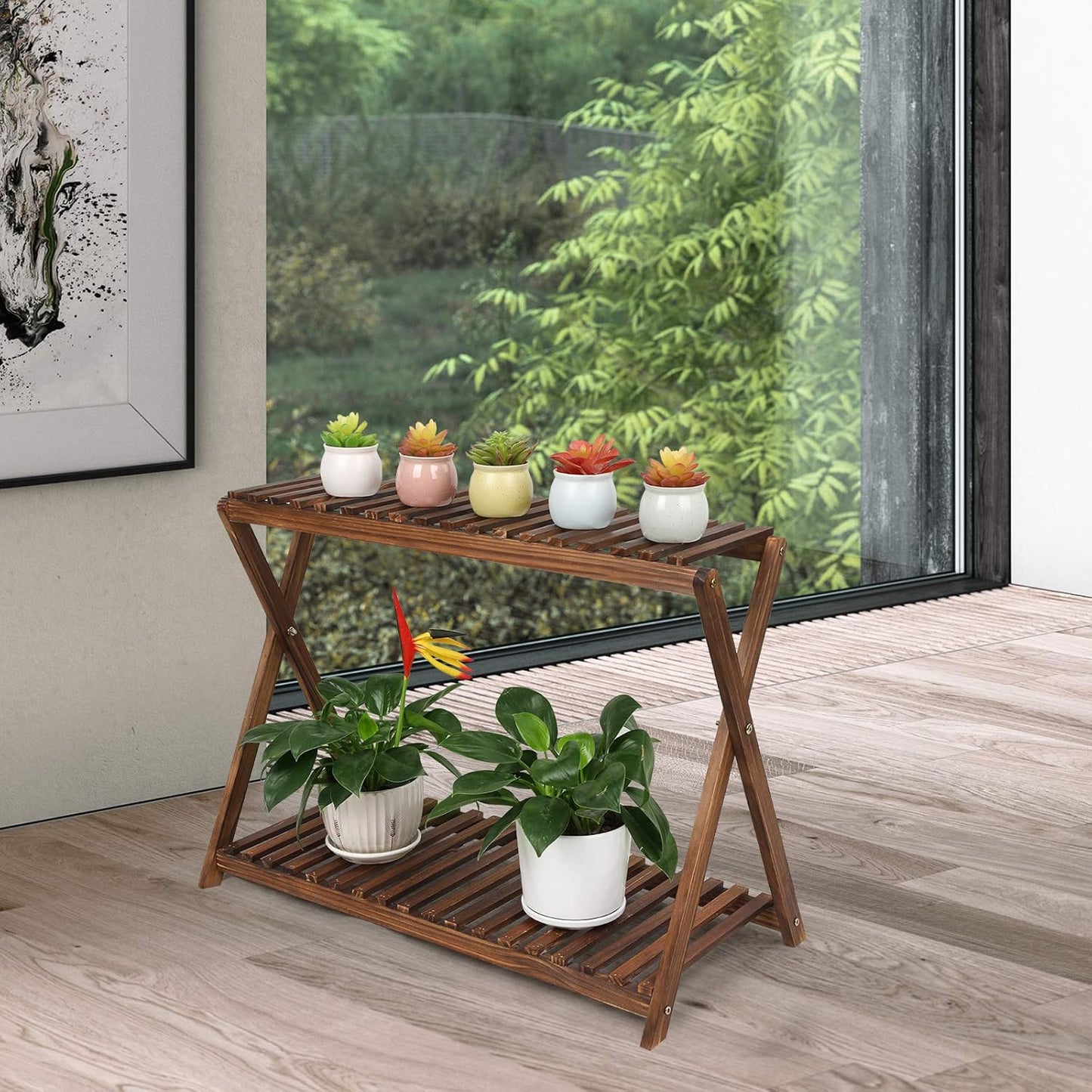 Wood Plant Stand Indoor Outdoor 2 Tiers Flower Stand Corner Stepped Pl