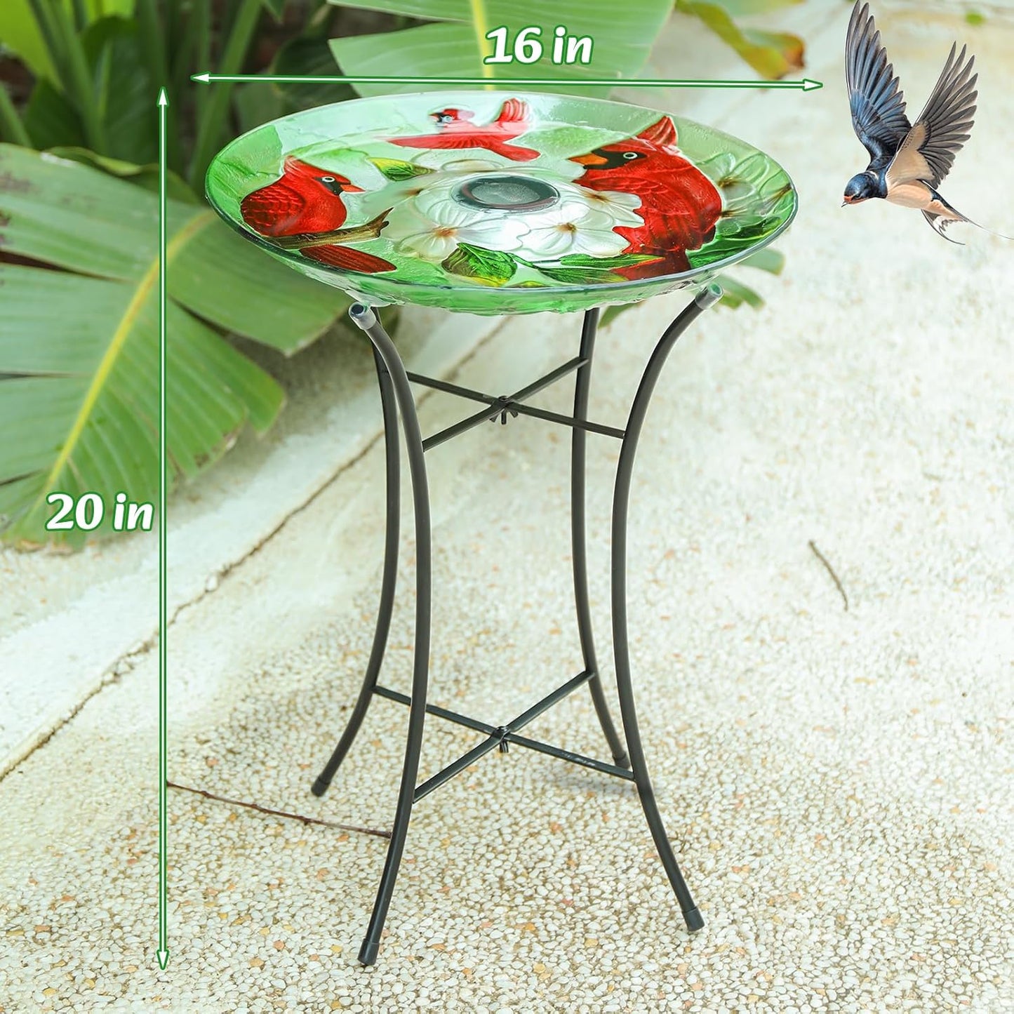 MUMTOP Glass Bird Baths for Outside, 16 Inch Width Outdoor Garden Red Cardinals Bird Bath Bowl with Solar Light and Metal Stand, Large Glass Birdbaths Bird Feeder for Yard Decor, 20 Inch Height